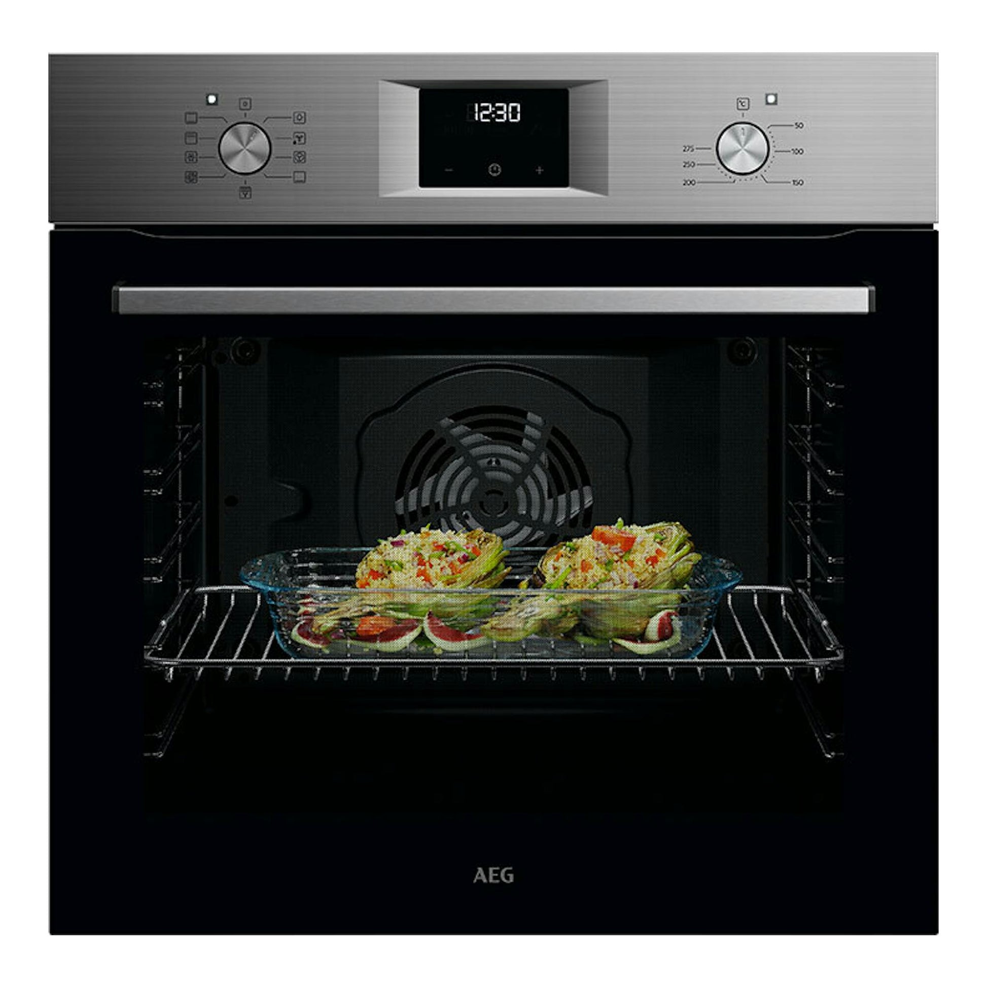 Horno AEG OU5AB20SM inox, vista frontal con puerta abierta e interior negro con bandeja de comida.
