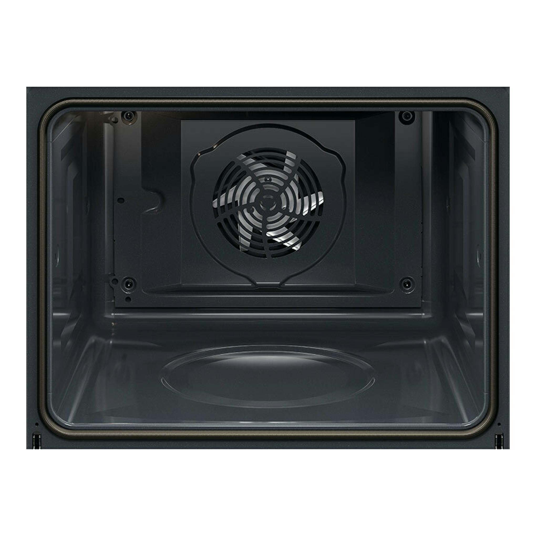 Horno AEG OU5AB20SM inox, vista frontal del interior oscuro con ventilador trasero.