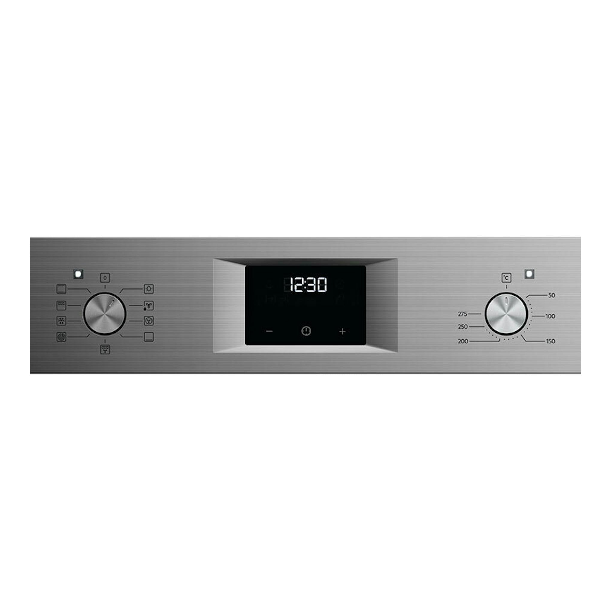 Horno AEG OU5AB20SM inox, vista frontal del panel con dos mandos giratorios y display digital 12:30.