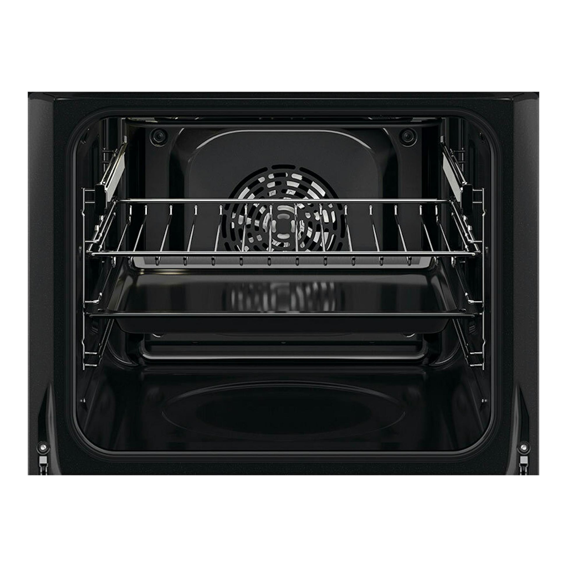 Interior de horno AEG OU5AB21CM negro, vista frontal, con ventilador trasero y rejillas laterales.
