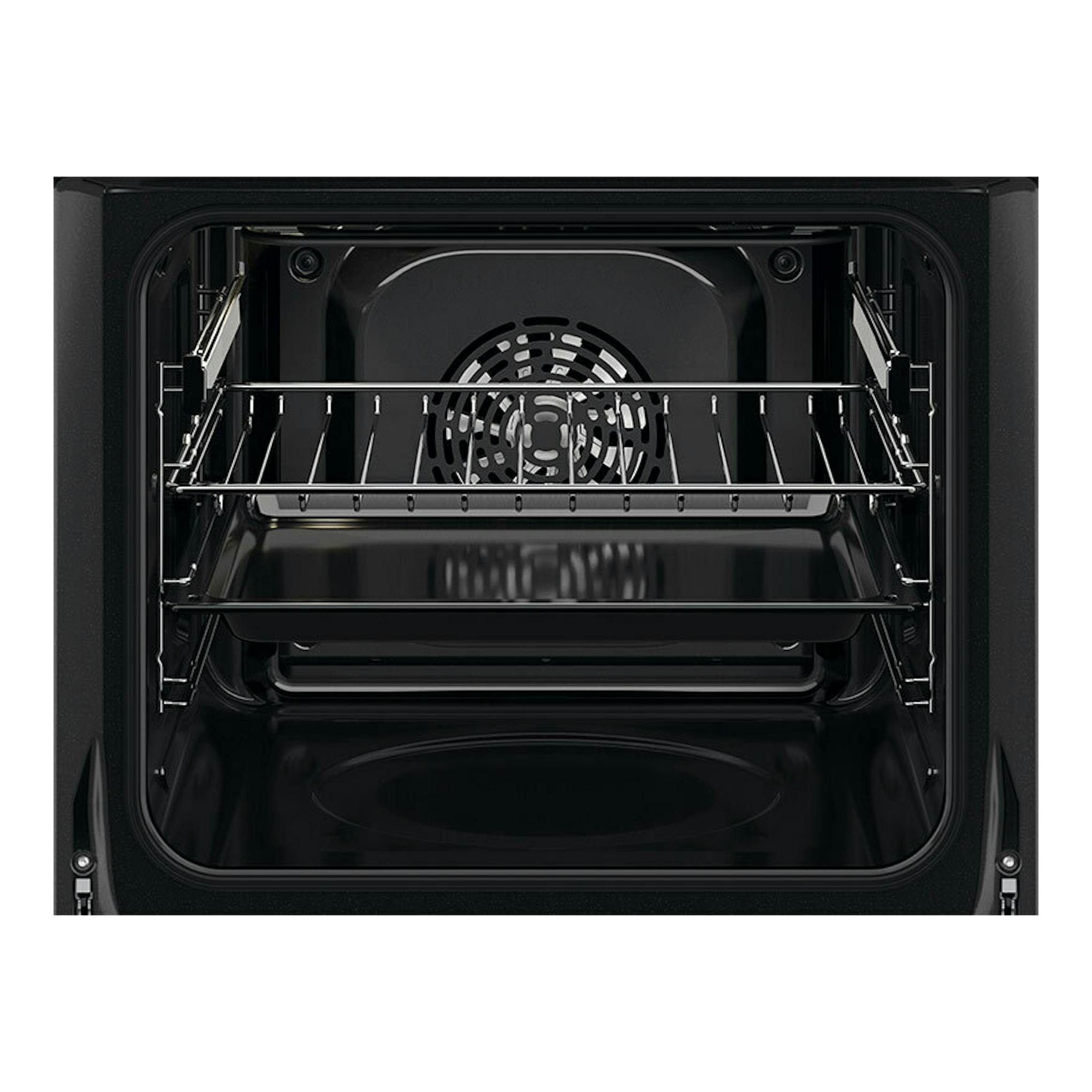 Interior de horno AEG OU5AB21CM negro, vista frontal, con ventilador trasero y rejillas laterales.