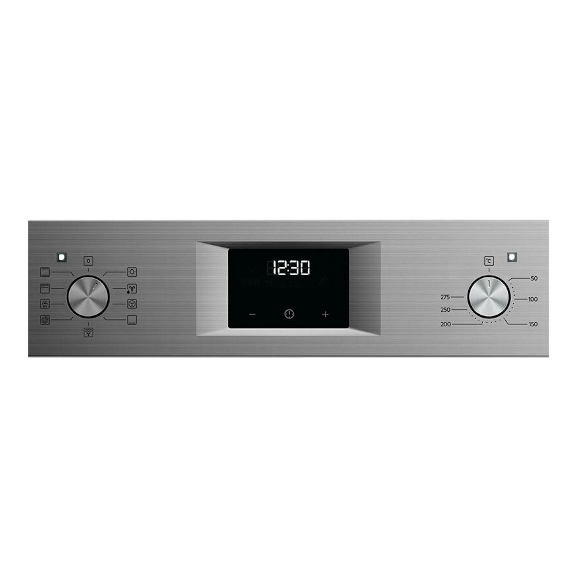 Horno AEG OU5AB21FSM inox, panel frontal con dos mandos y pantalla digital 12:30.