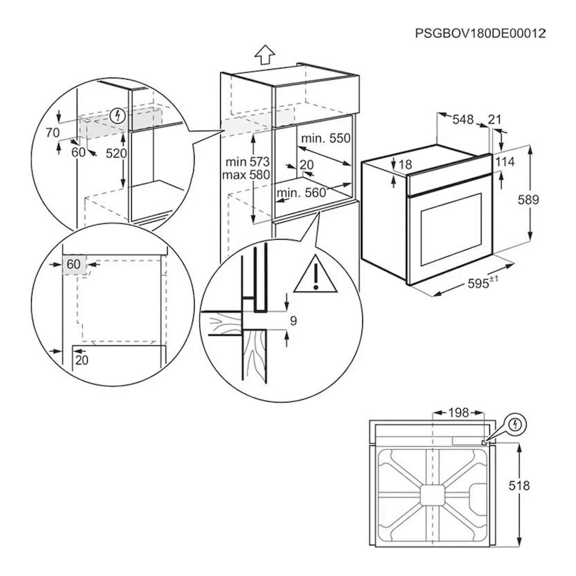 Diagrama técnico de instalación de horno AEG OU5PB40NSK negro, con vistas frontal, lateral y medidas.