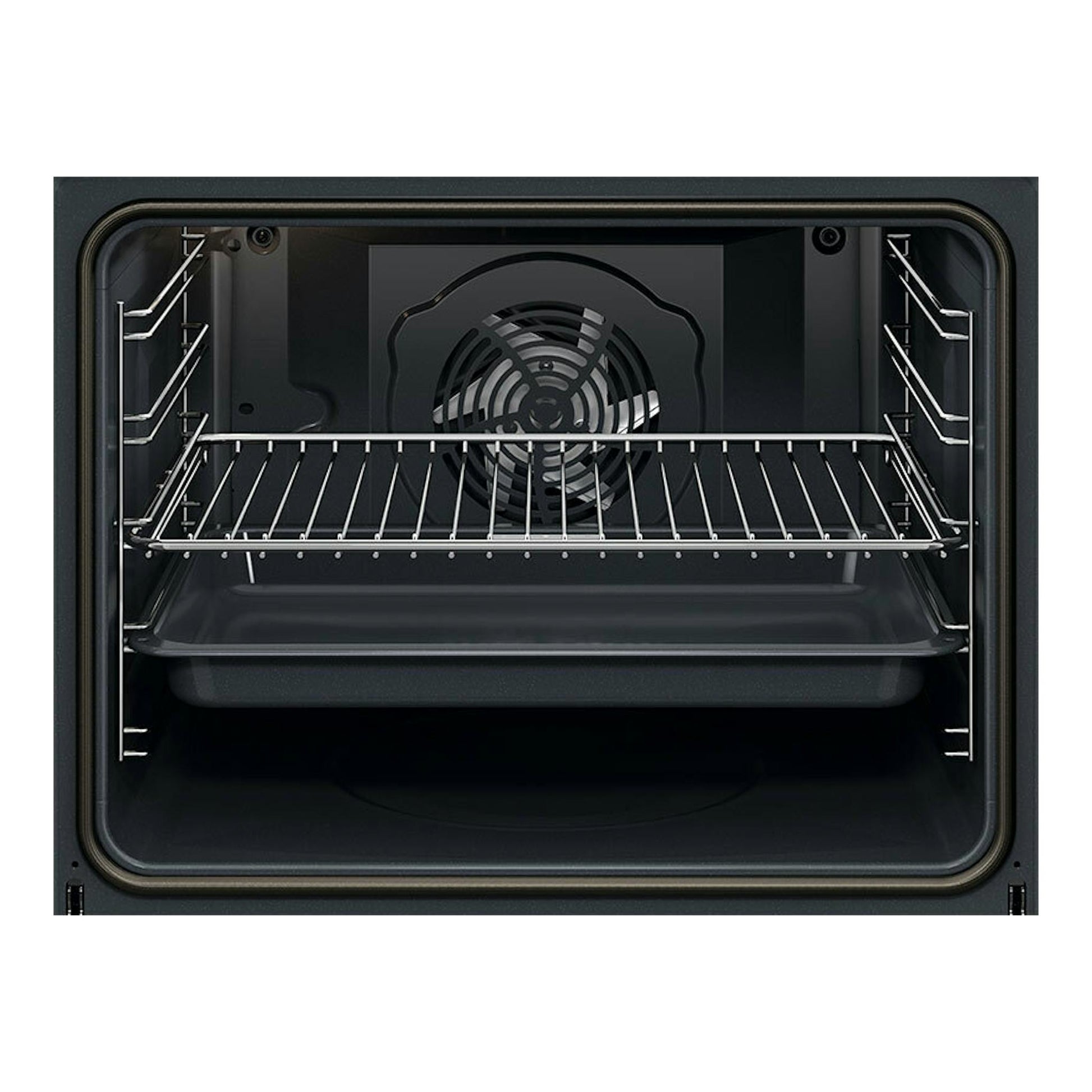 AEG OU5PB40NSK, interior de horno negro en vista frontal con rejilla metálica y ventilador trasero.