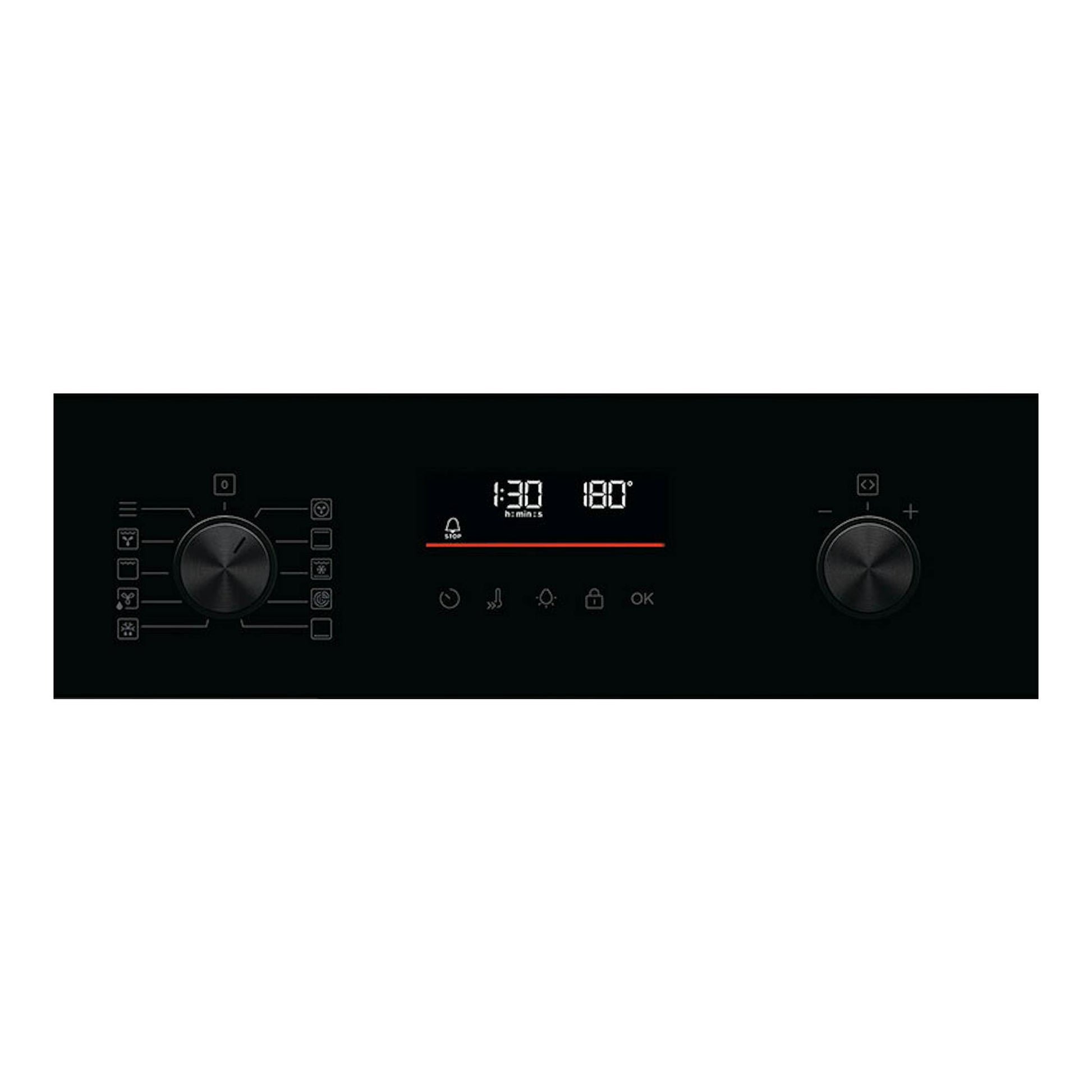Horno AEG OU5PB40NSK de cristal negro, vista frontal con dos mandos y display digital.
