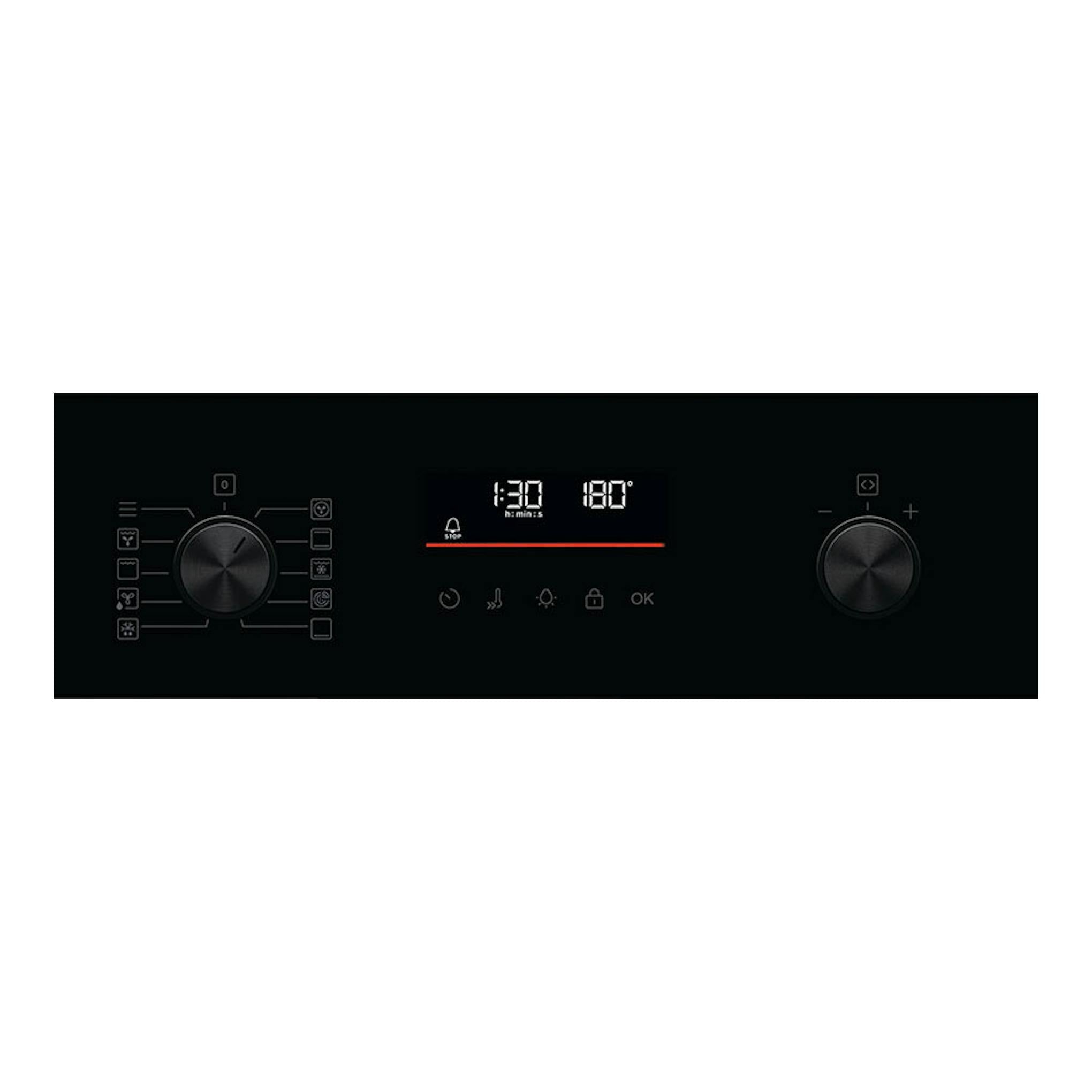 Horno AEG OU5PB40NSK de cristal negro, vista frontal con dos mandos y display digital.