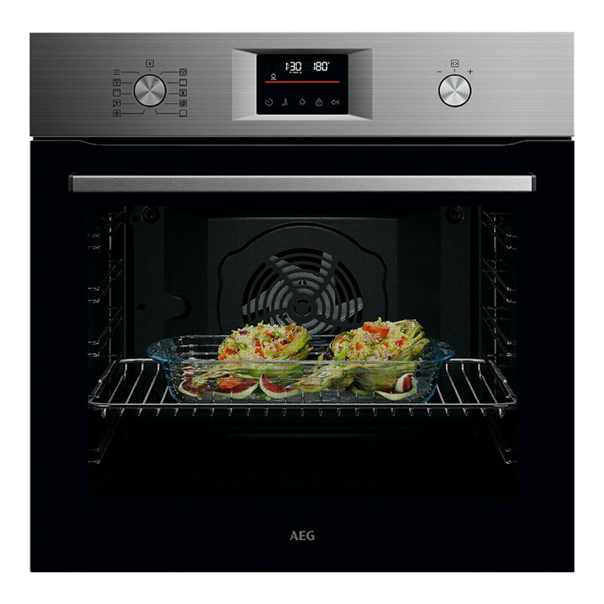 Horno AEG OU5PB40SM inox, vista frontal, puerta abierta, con bandeja de comida en el interior.