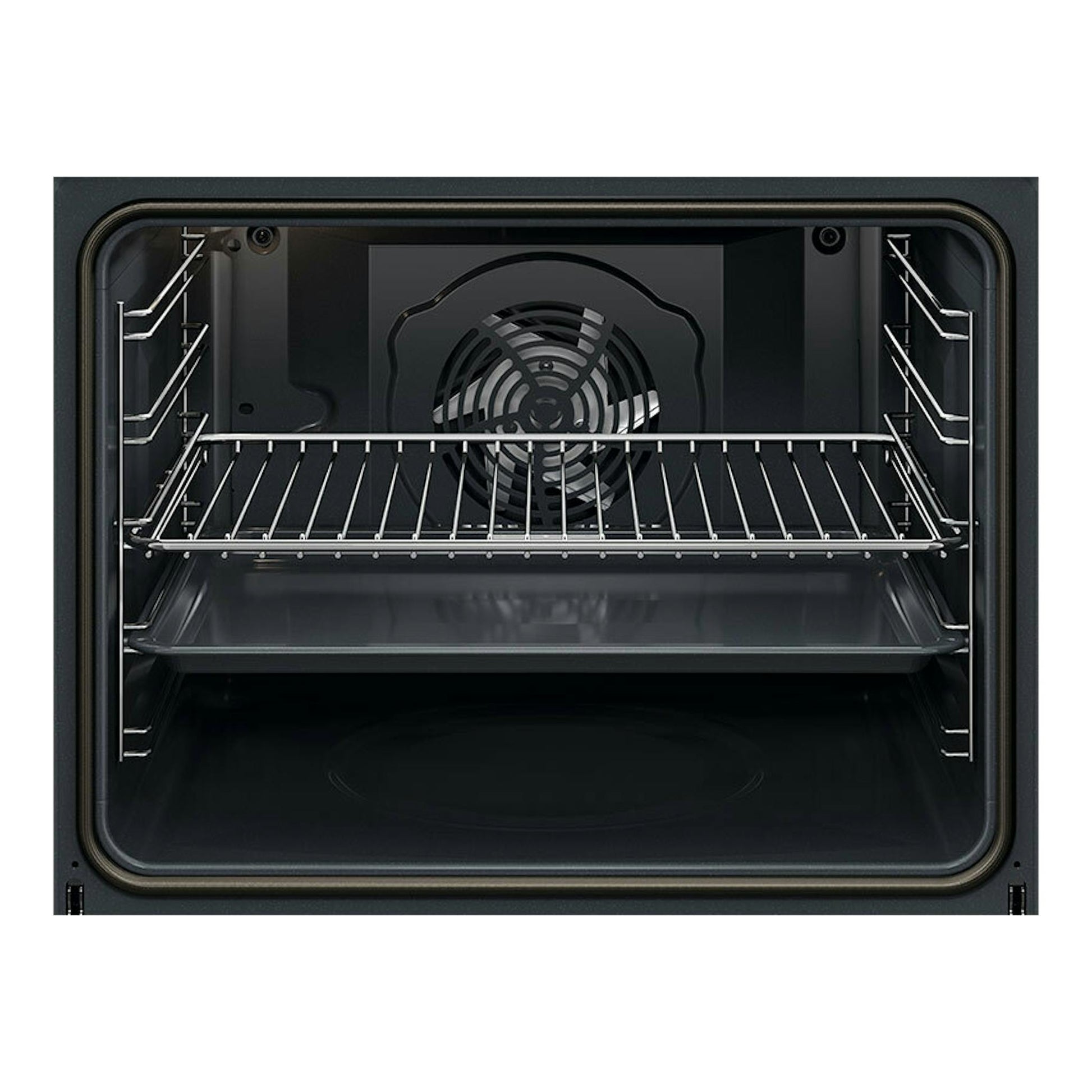 Horno AEG OU5PB40SM inox, vista frontal del interior negro con rejilla y ventilador trasero.