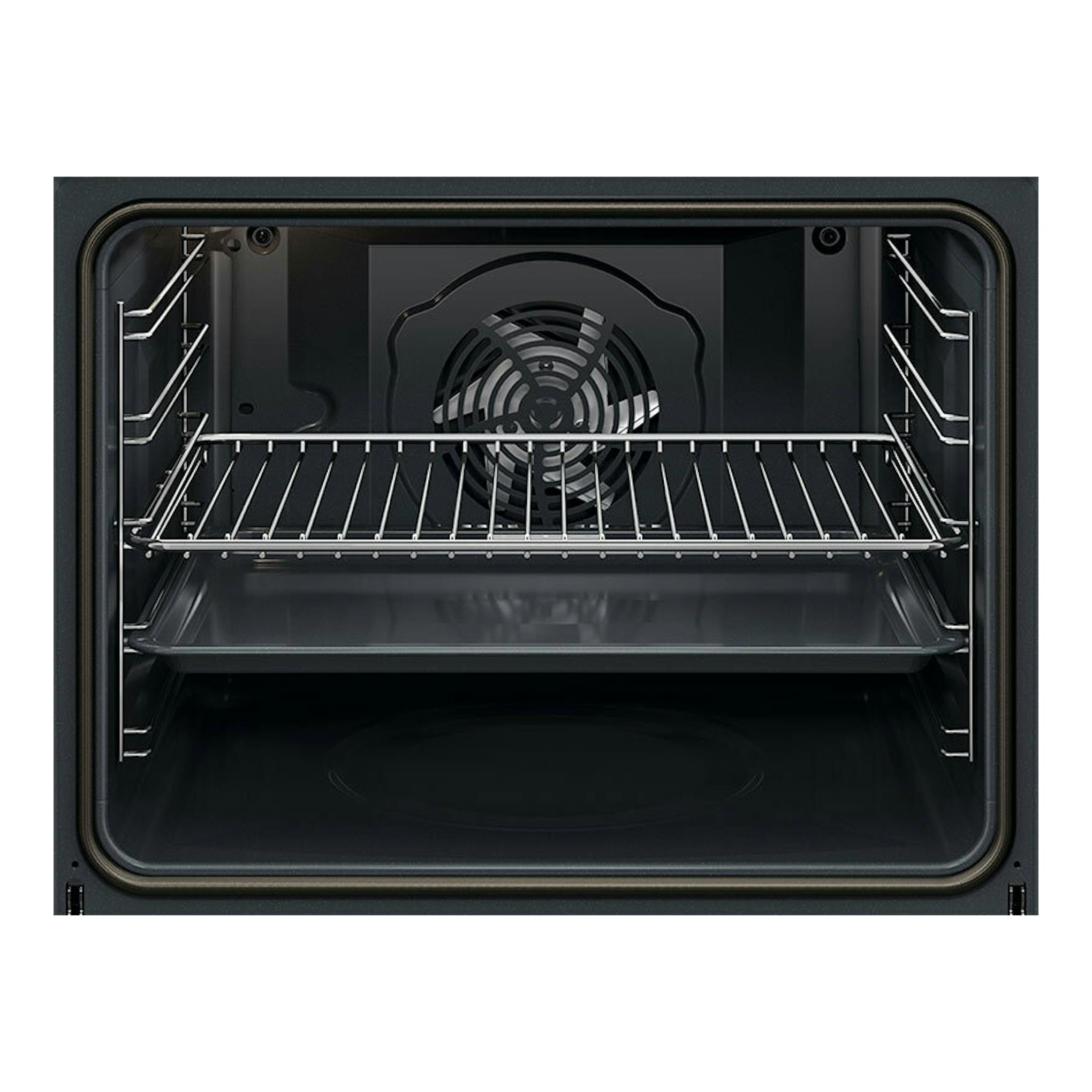 Horno AEG OU5PB40SM inox, vista frontal del interior negro con rejilla y ventilador trasero.