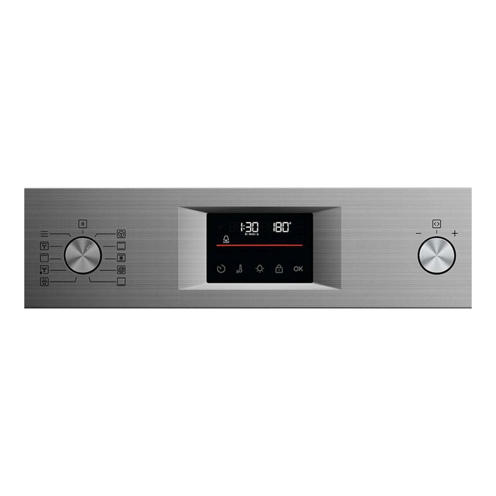 Horno AEG OU5PB40SM de acero inoxidable, vista frontal con dos mandos y pantalla digital central.