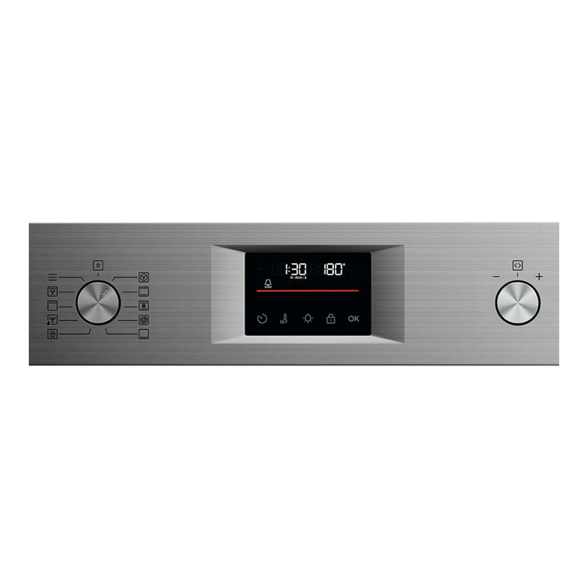 Horno AEG OU5PB40SM de acero inoxidable, vista frontal con dos mandos y pantalla digital central.