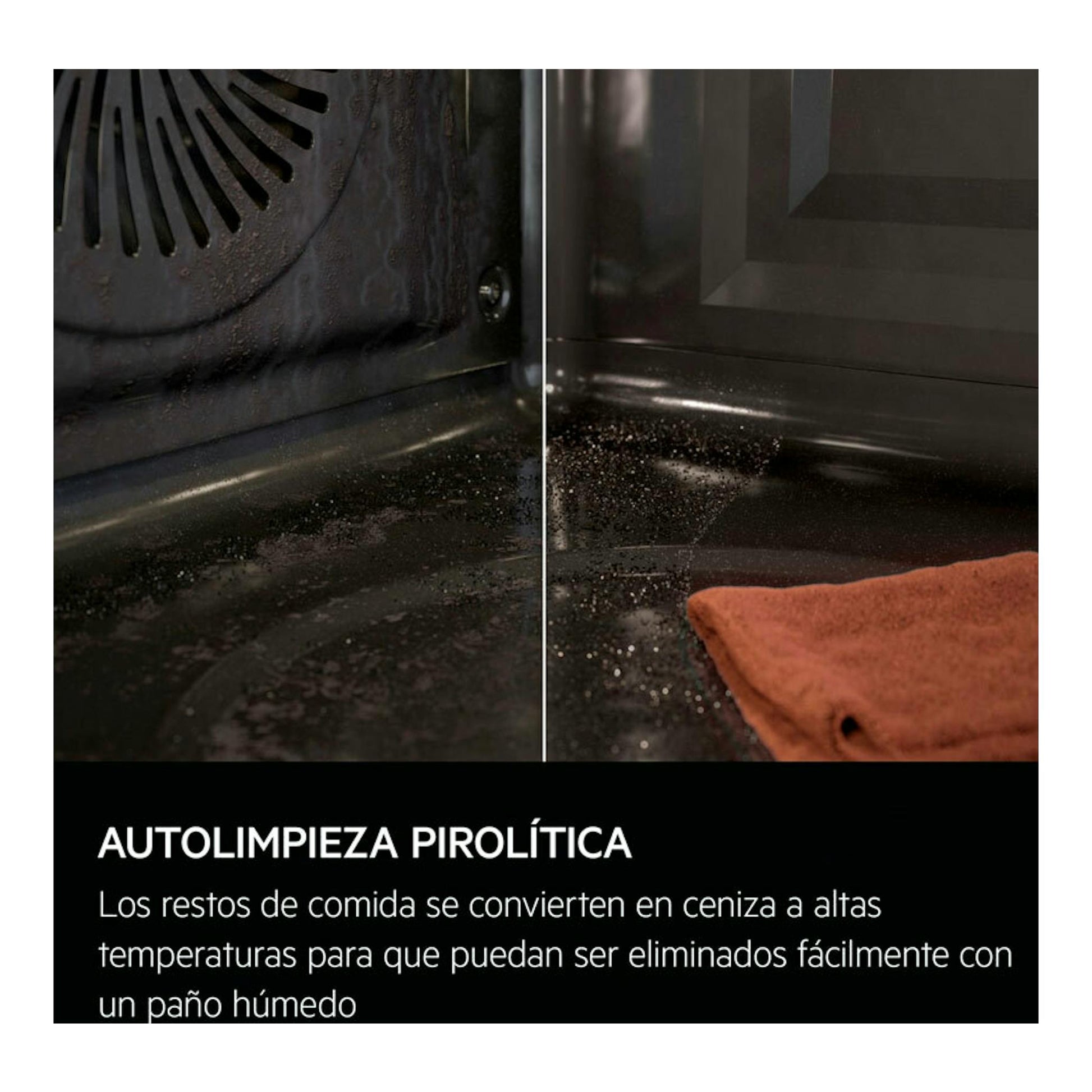 Interior de horno AEG OU5PB40SM Inox con autolimpieza pirolítica, vista dividida antes y después.