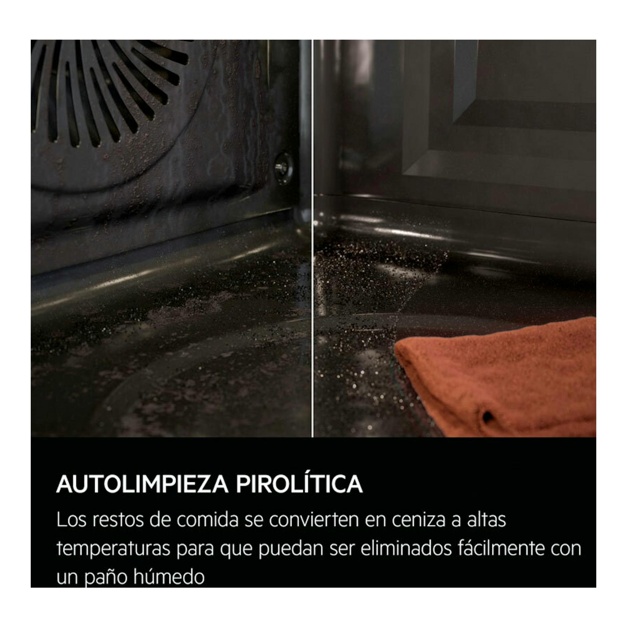 Interior de horno AEG OU5PB40SM Inox con autolimpieza pirolítica, vista dividida antes y después.