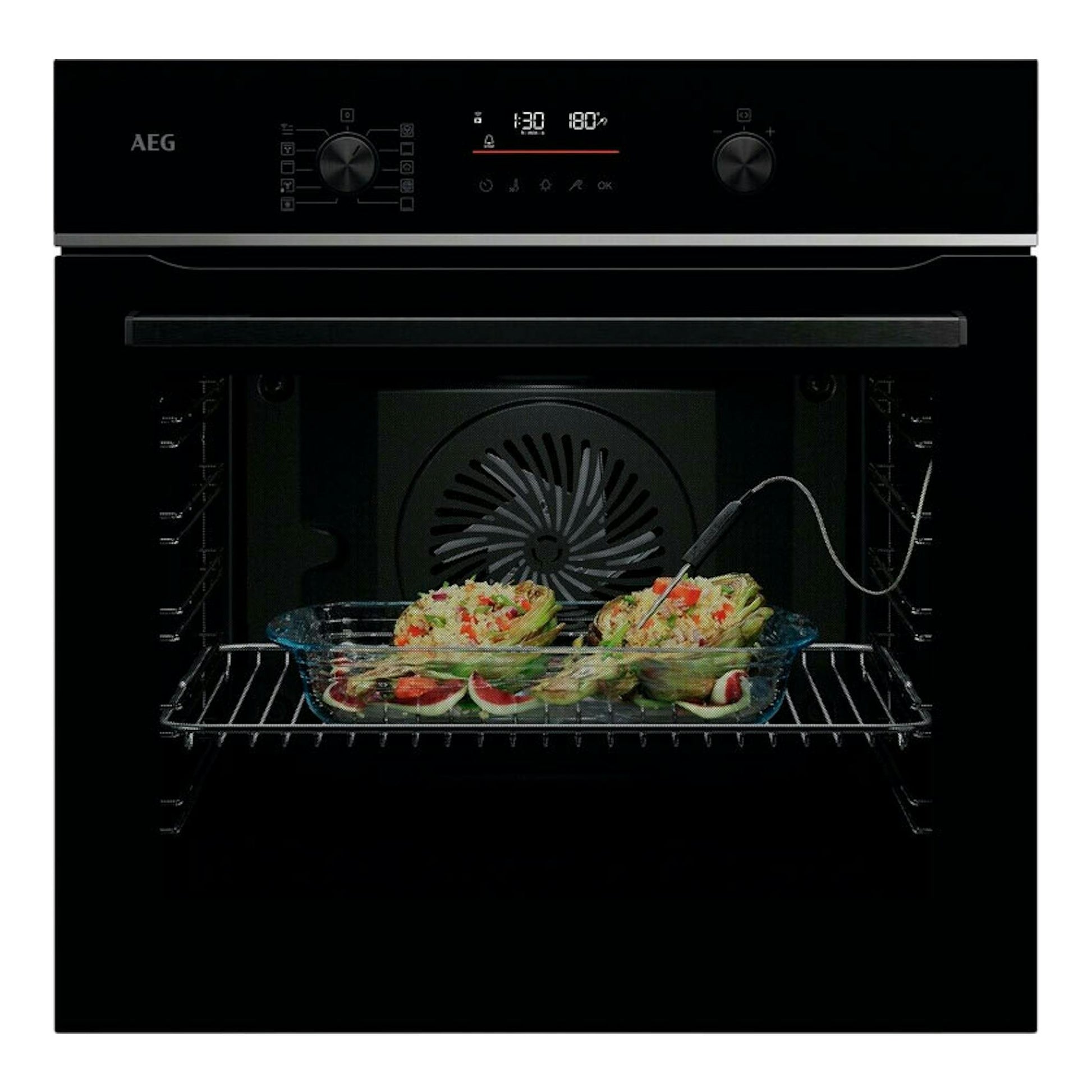 Horno AEG TA5PB531AB de cristal negro, vista frontal, con bandeja de comida y panel digital.