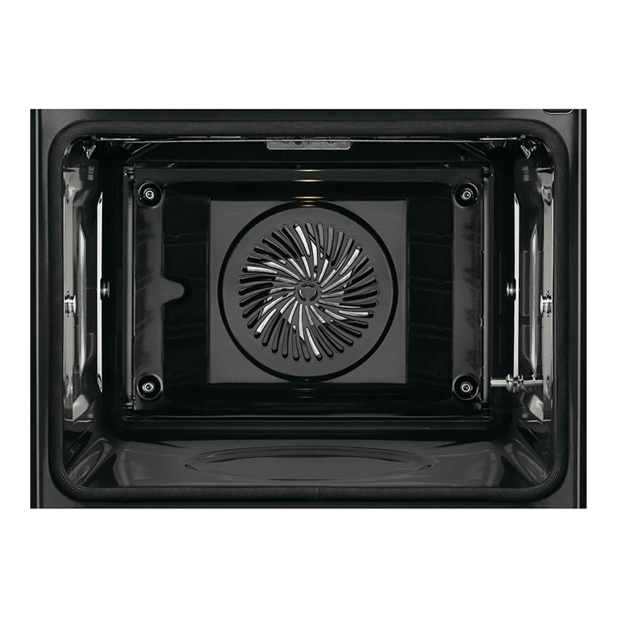 Horno AEG TA5PB531AB de cristal negro, vista frontal del interior con ventilador central.