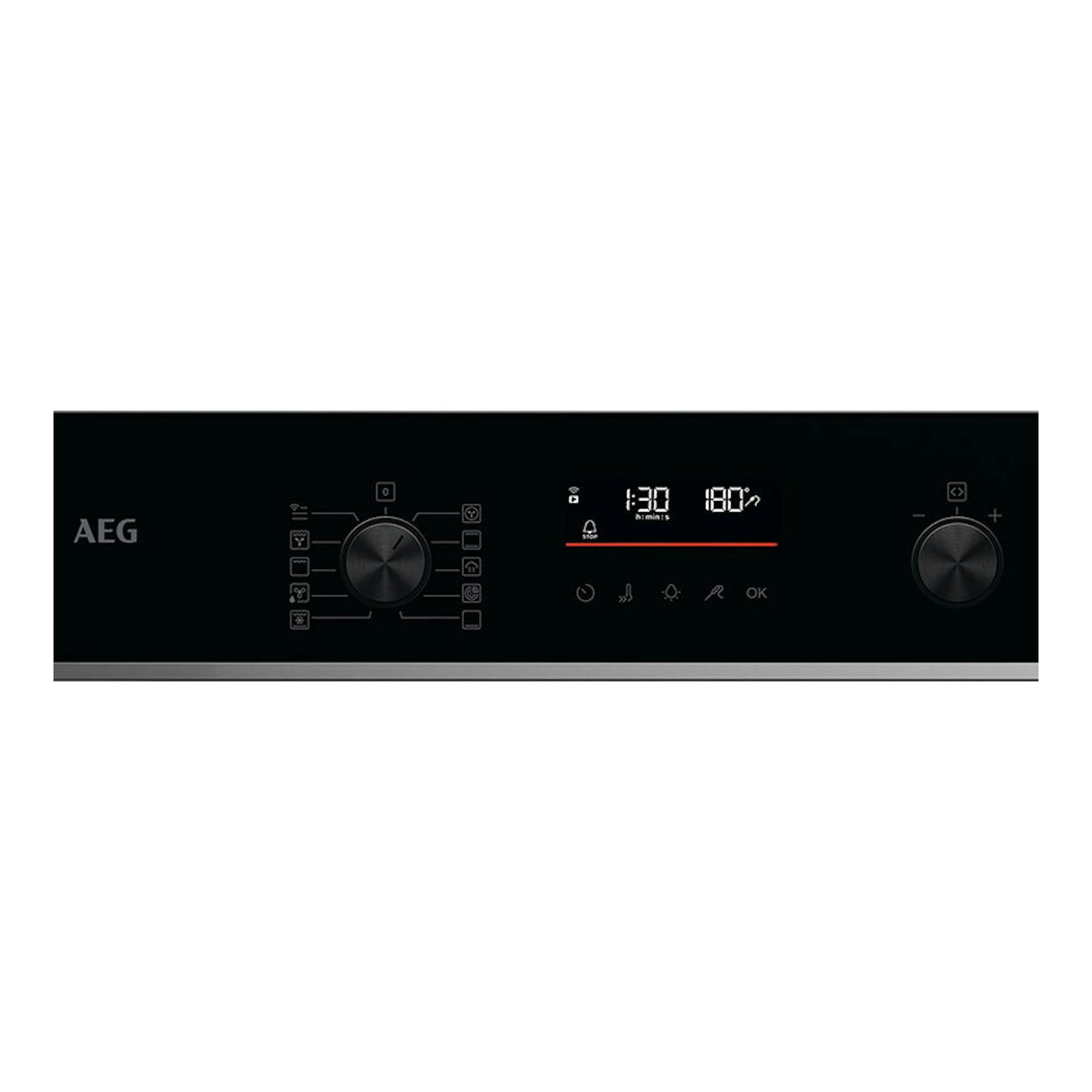 Horno AEG TA5PB531AB de cristal negro, vista frontal del panel con dos mandos y display digital.