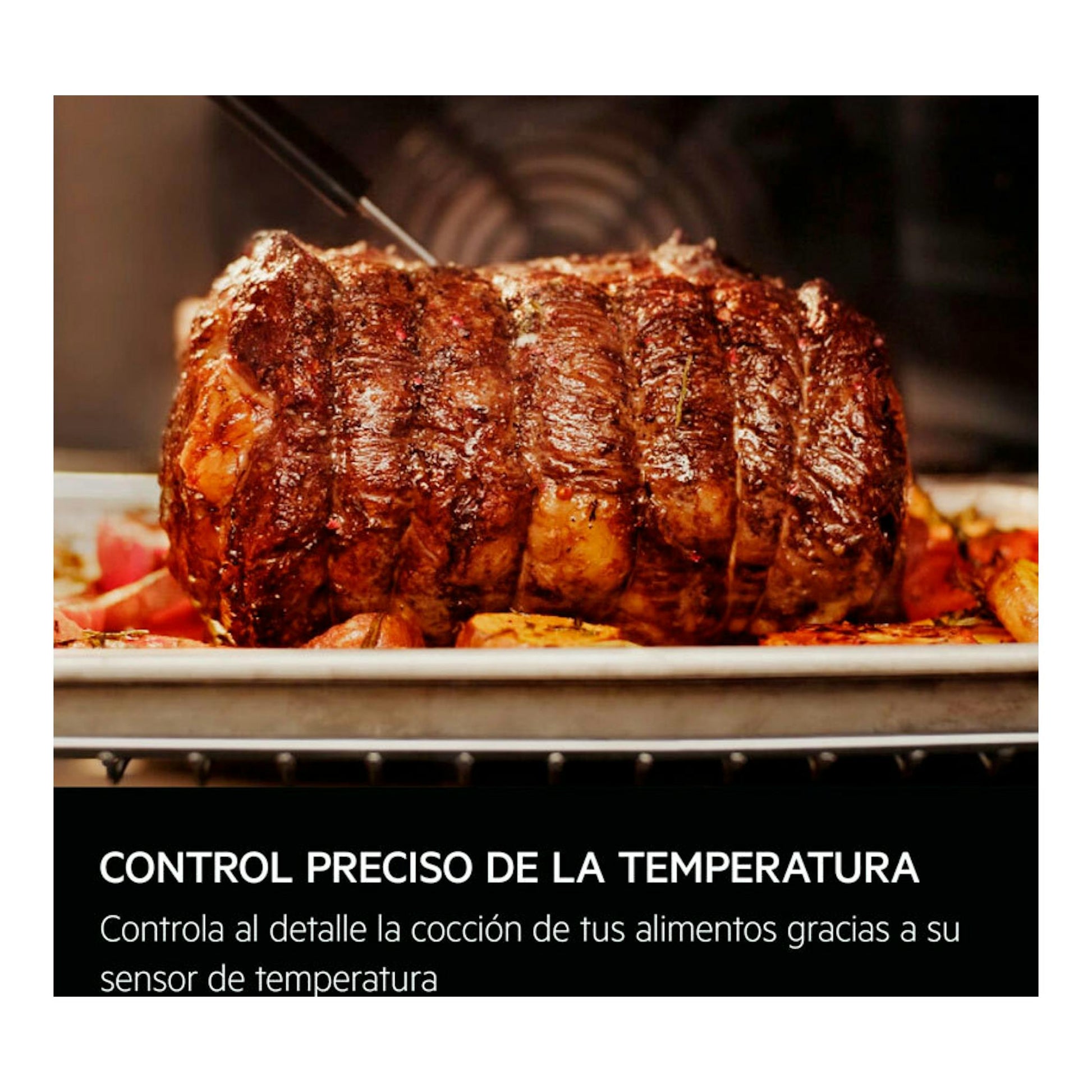 Horno AEG TA5PB531AB de cristal negro, vista frontal con carne asándose y texto sobre control de temperatura.