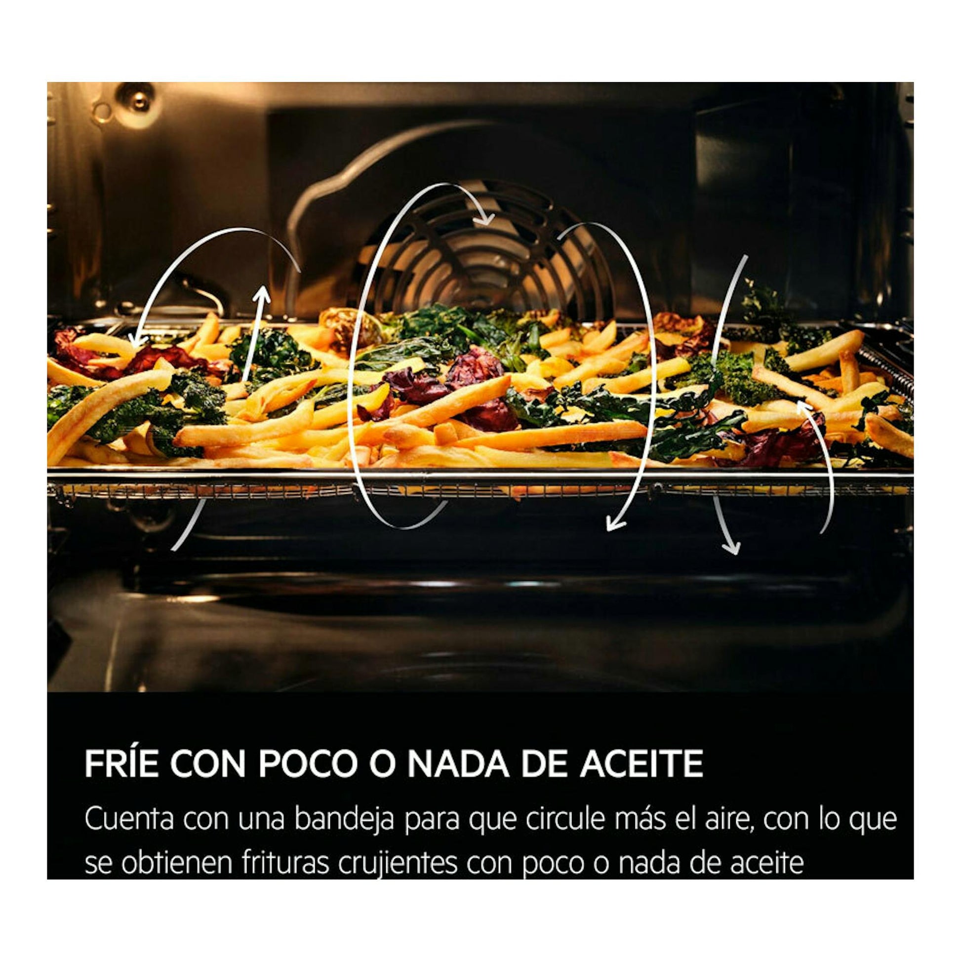 Horno AEG TA5PK401B de cristal negro, vista interior con bandeja de patatas y verduras y flechas de circulación de aire.