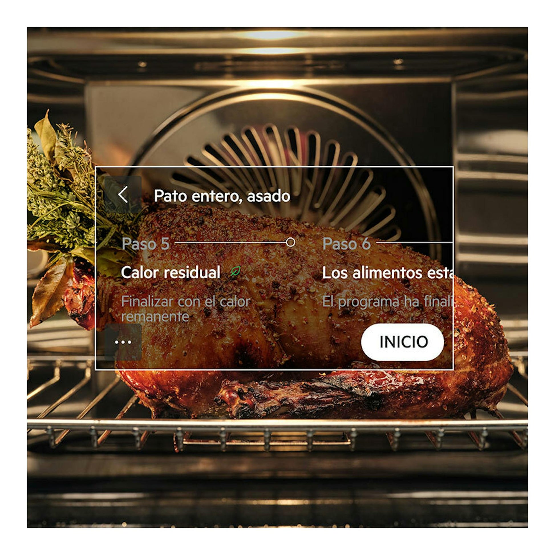 Interior de horno AEG TB8SB73ZAB de cristal negro, con pato asado en la bandeja y pantalla superpuesta.