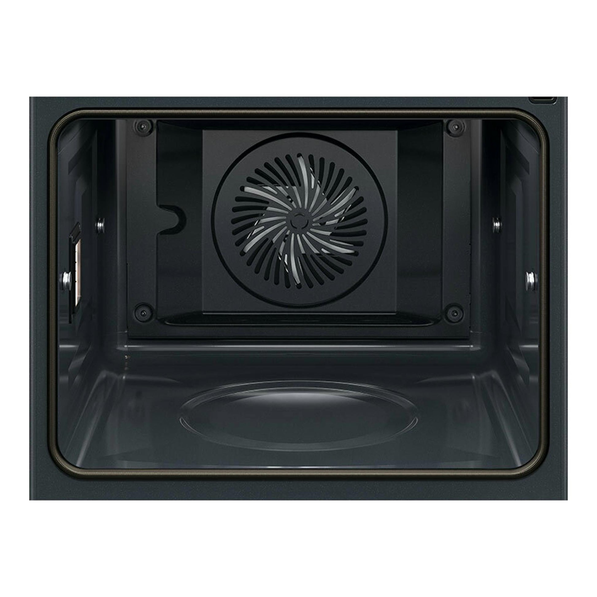 Interior de horno AEG TE8PB731AB en cristal negro, vista frontal del interior con ventilador trasero.