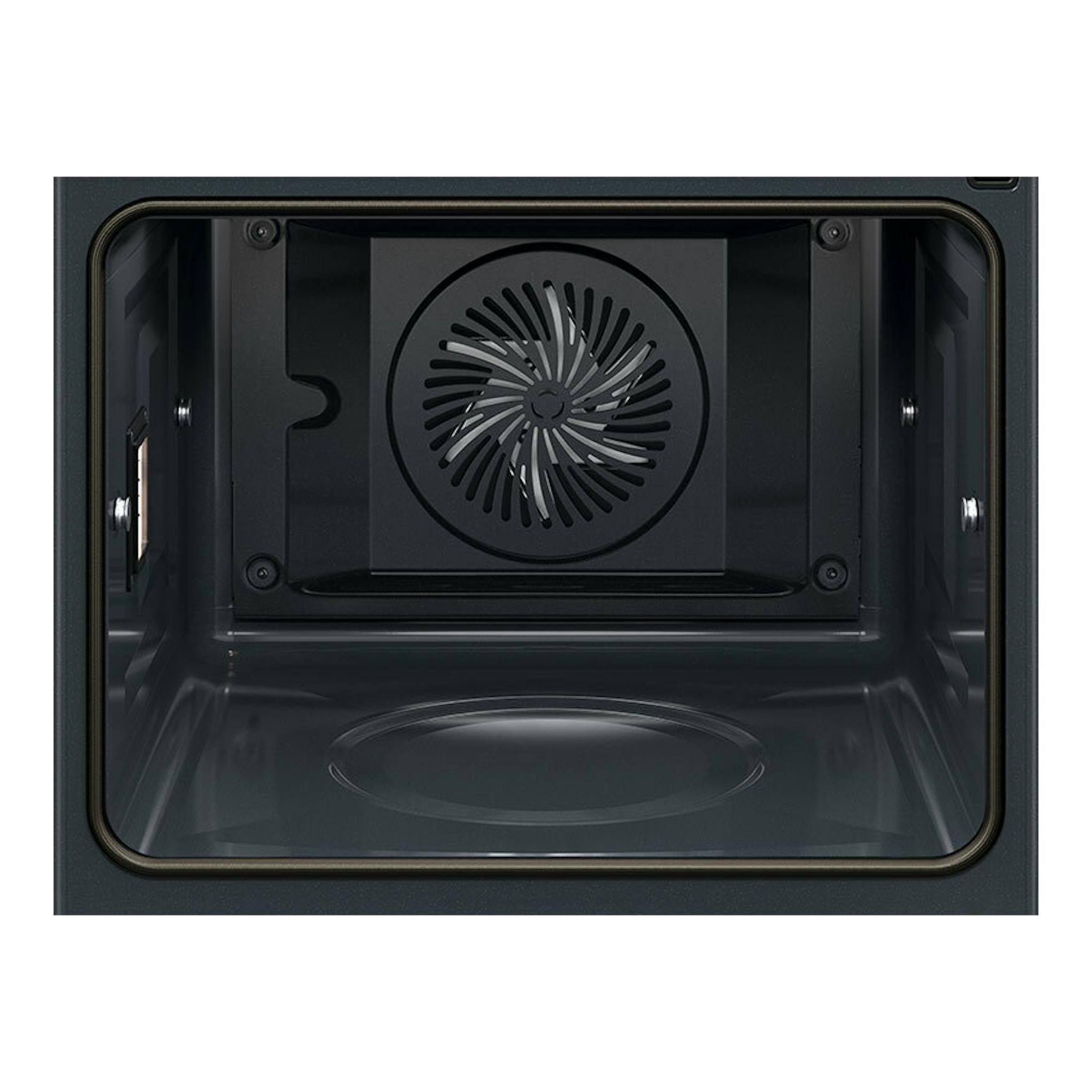 Interior de horno AEG TE8PB731AB en cristal negro, vista frontal del interior con ventilador trasero.