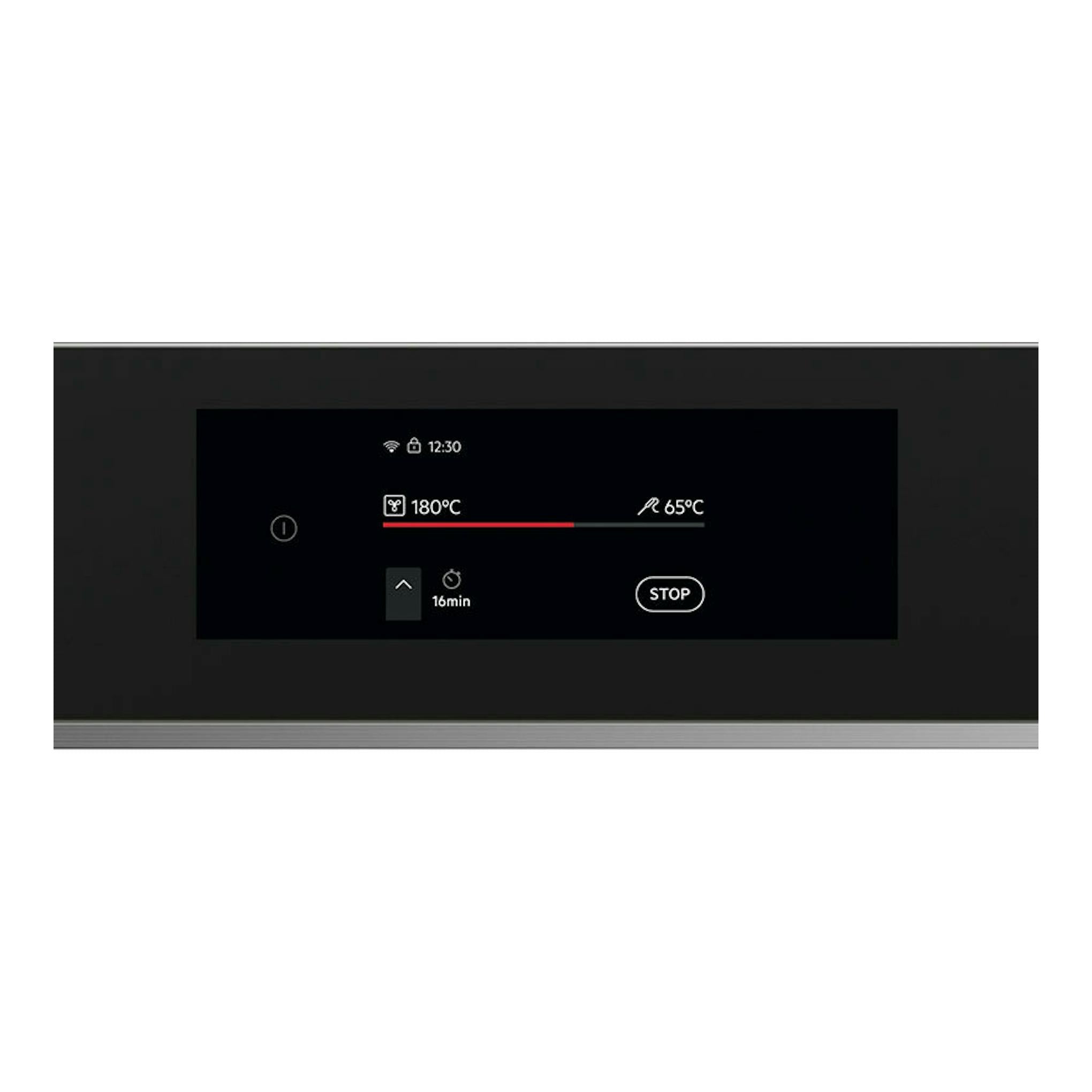 AEG TE8PB731AT, horno de cristal negro mate, vista frontal con panel táctil digital iluminado.