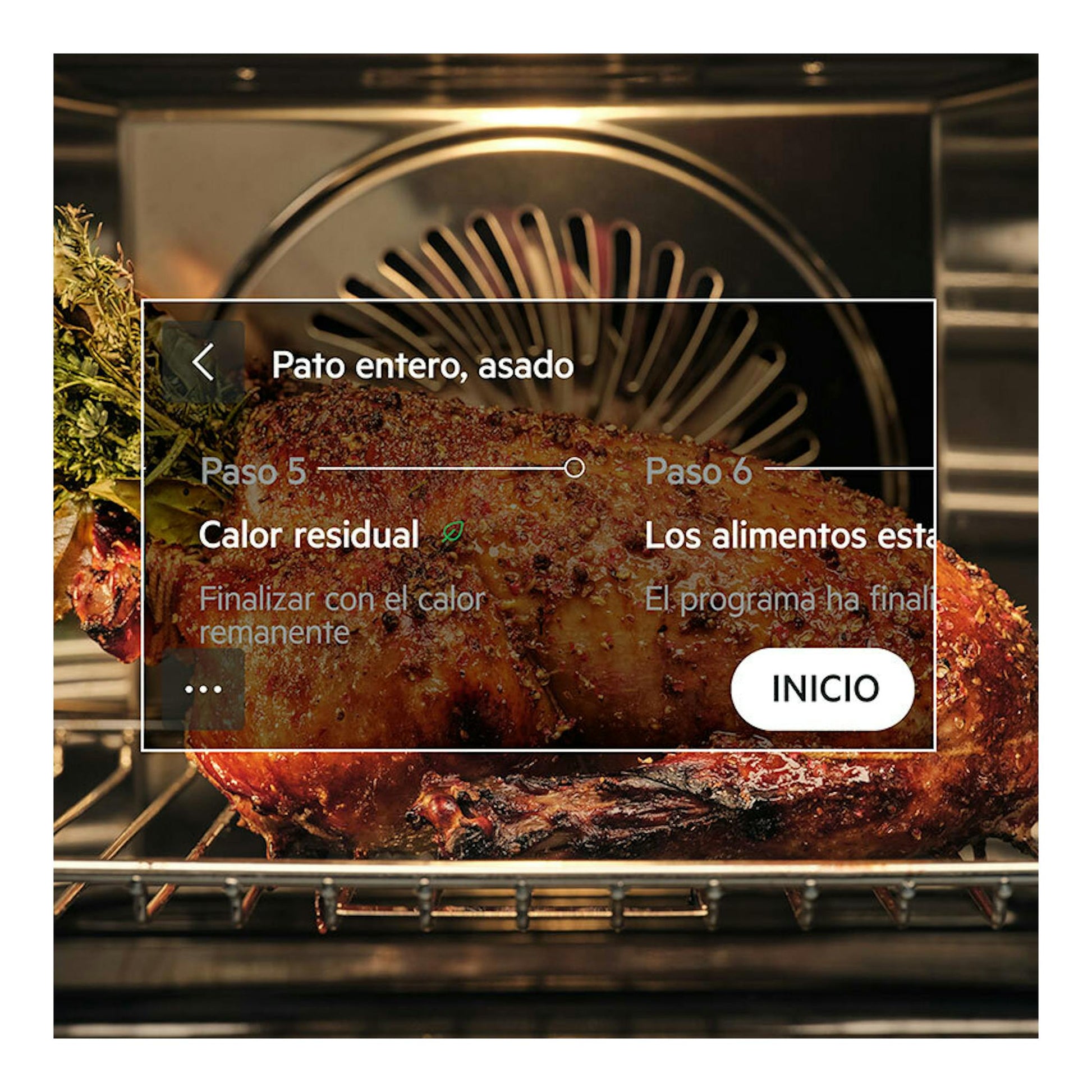 Horno AEG TE8PB731AT, vista frontal del interior en acero, con pato asado y pantalla táctil superpuesta.