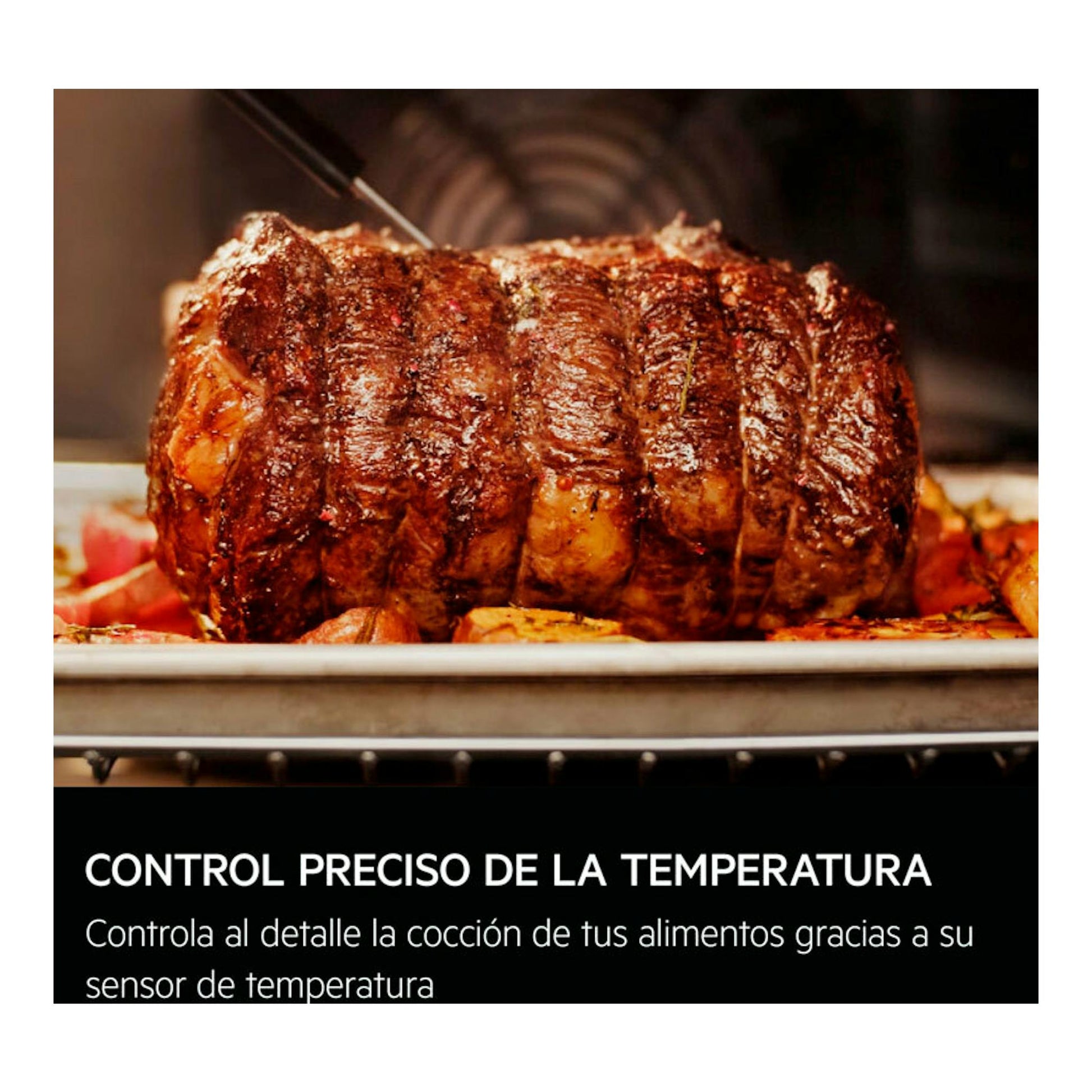Horno AEG TE8PB731AT, cristal negro mate, con un asado en el interior del horno y texto sobre control de temperatura.