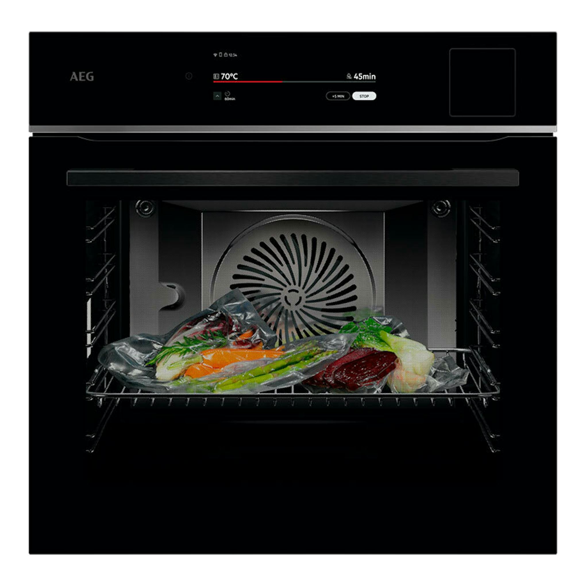 Horno AEG TP9SB831AB de cristal negro, vista frontal con puerta abierta e interior con bandeja de verduras.