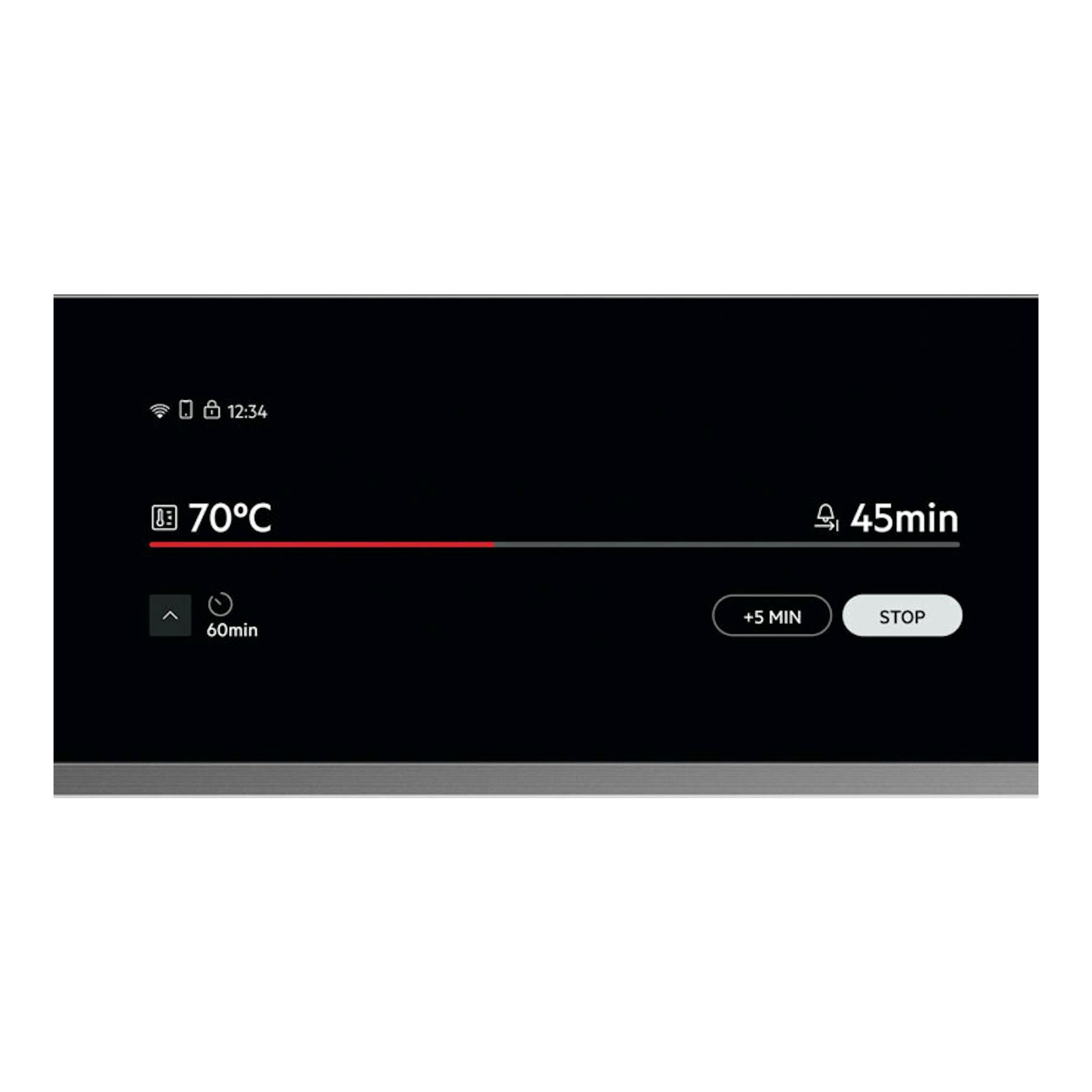 Horno AEG TP9SB831AB de cristal negro, vista frontal del panel táctil con 70°C y 45 min