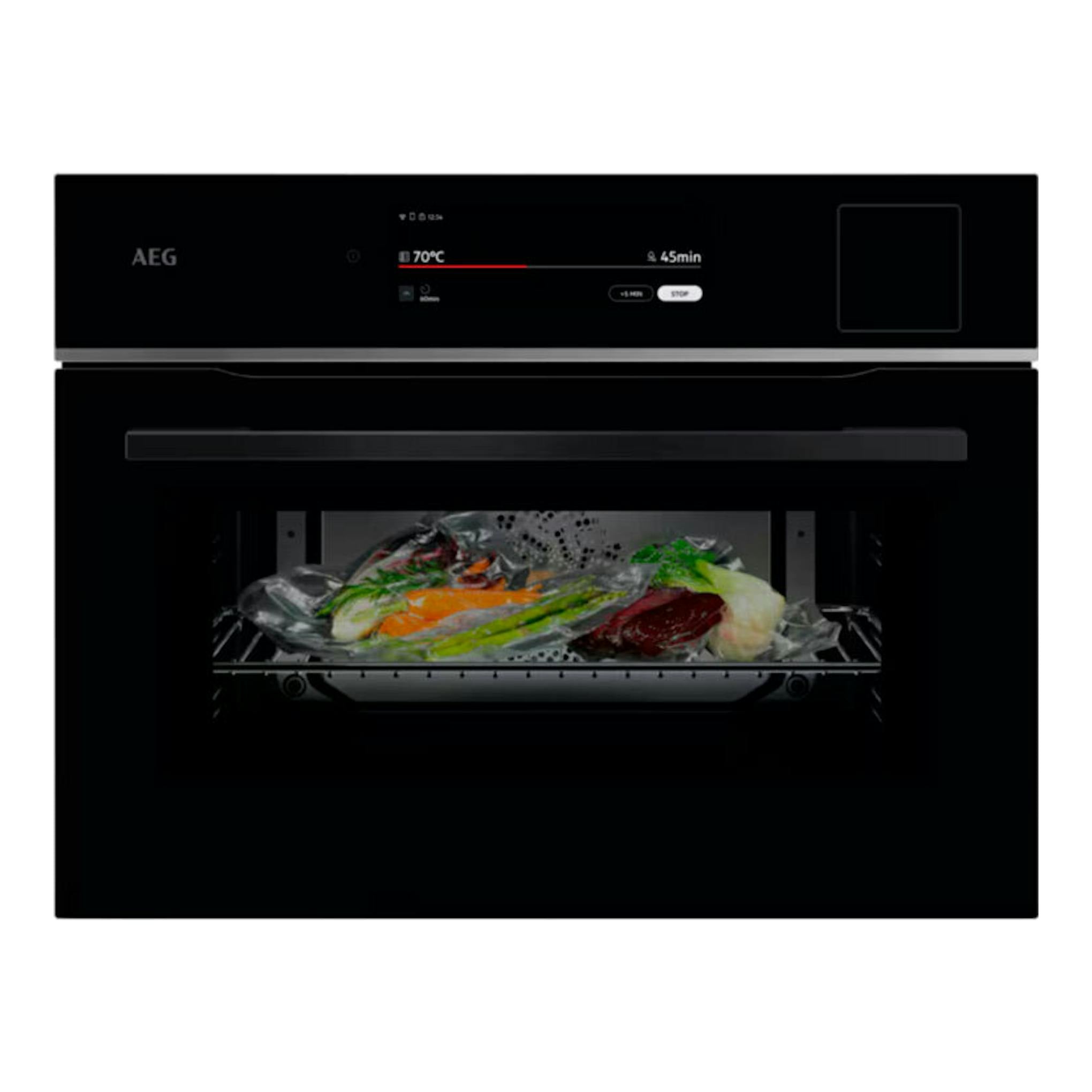 Horno AEG TP9SK821B de cristal negro, vista frontal, con bandeja y verduras al vapor.
