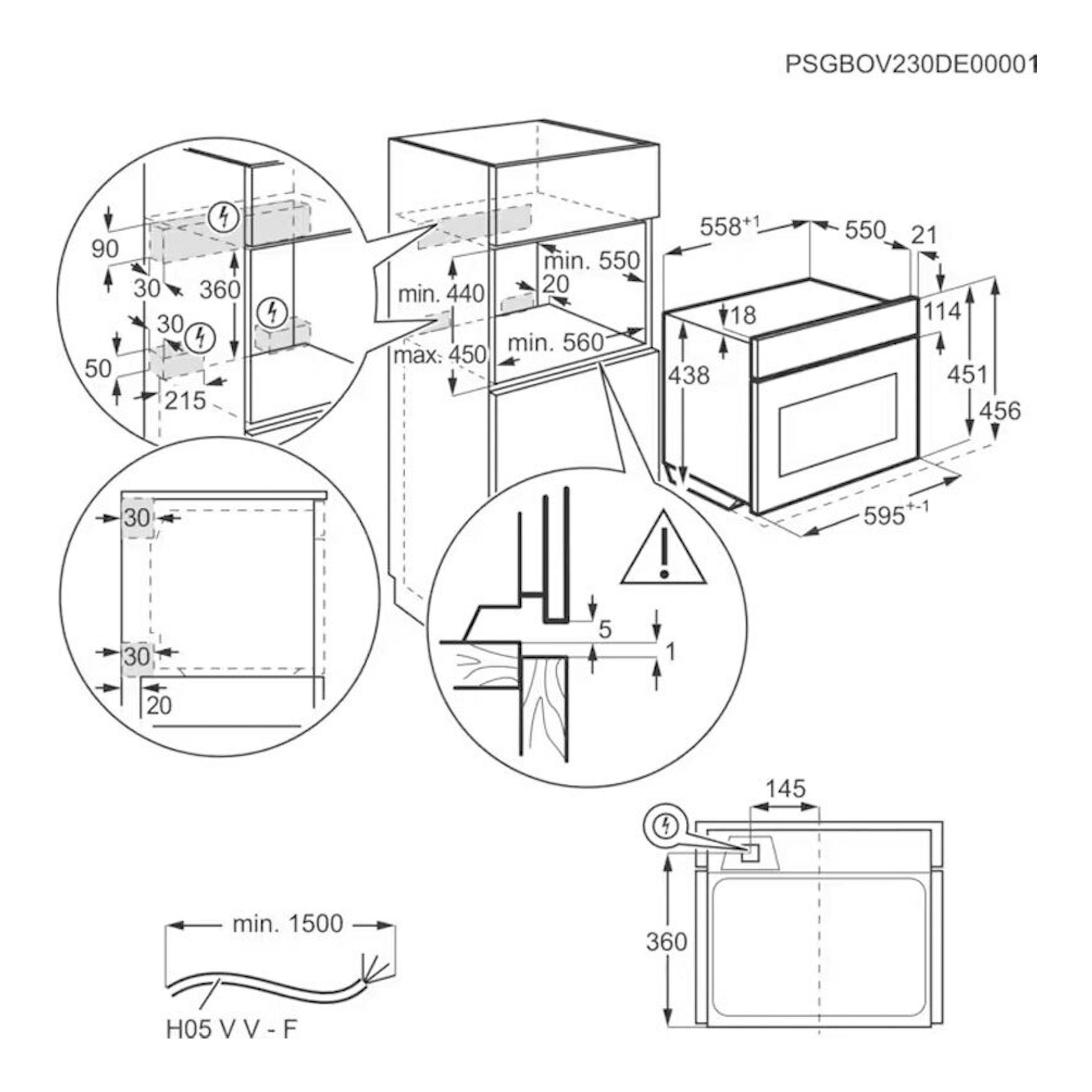 AEG TP9SK821B, esquema técnico de horno empotrable con medidas de instalación y vistas frontal y lateral.