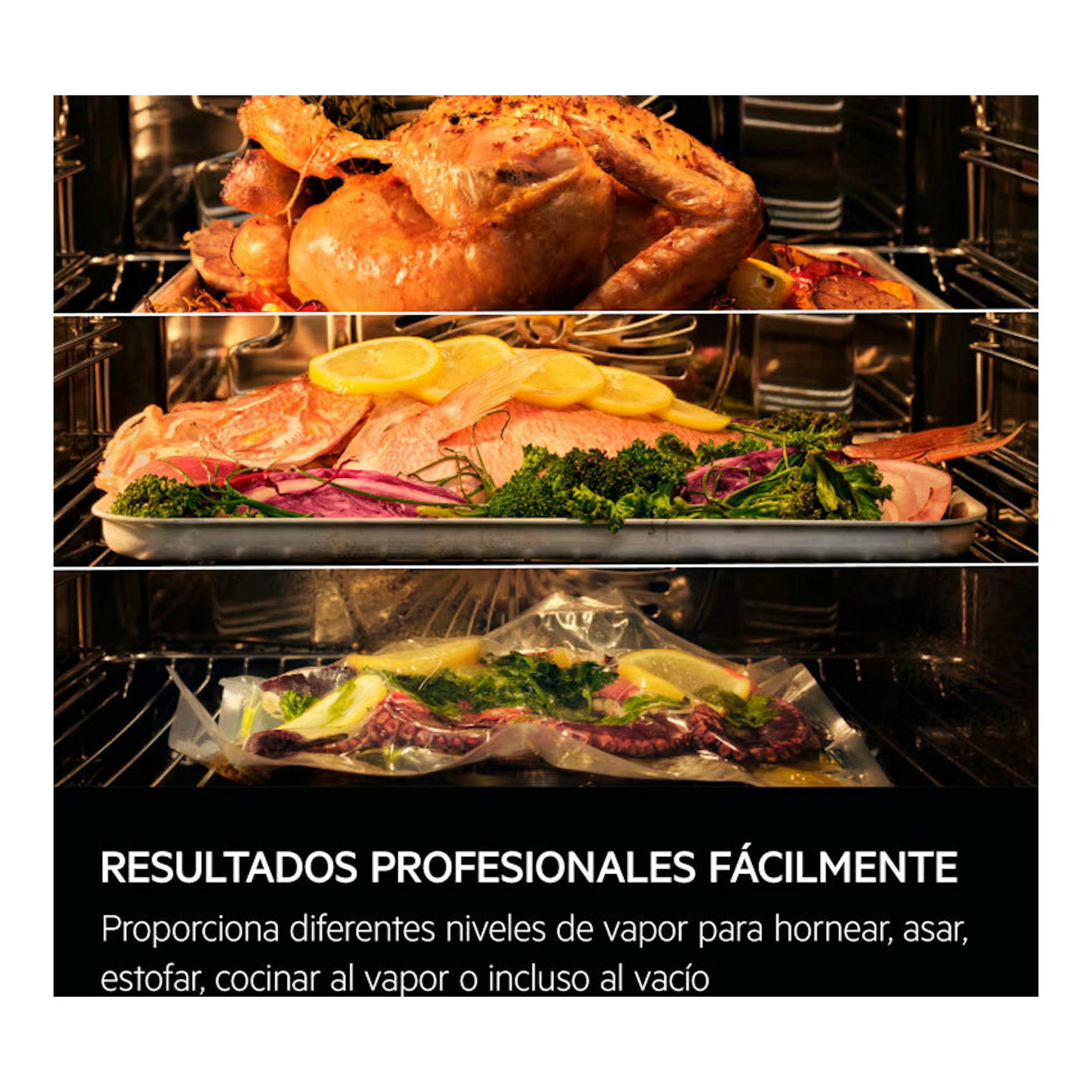 Imagen promocional del horno AEG TP9SK821B de cristal negro, con tres bandejas de comida en el interior.