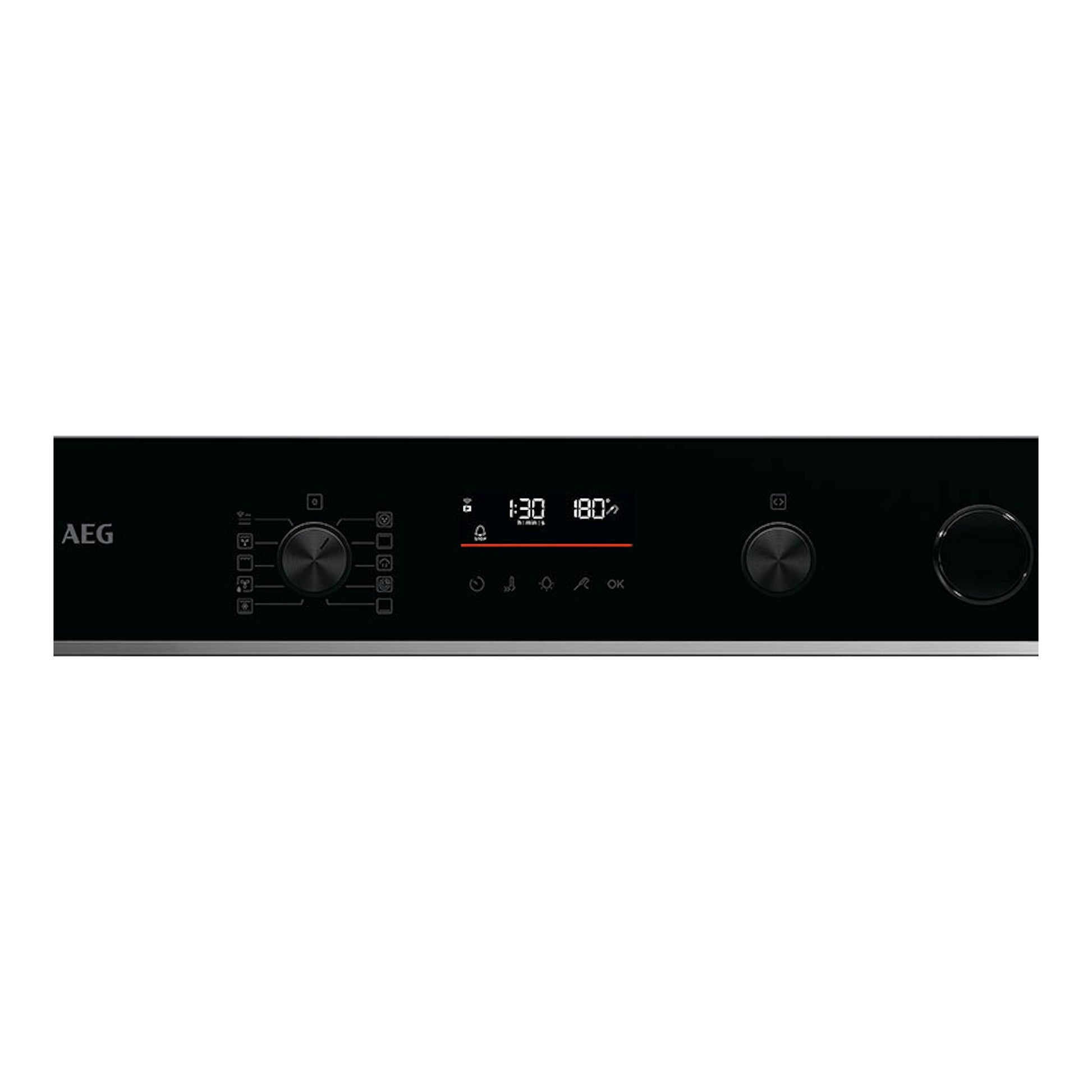 Horno AEG TR6PB531SB de cristal negro, vista frontal del panel con mandos y pantalla digital.