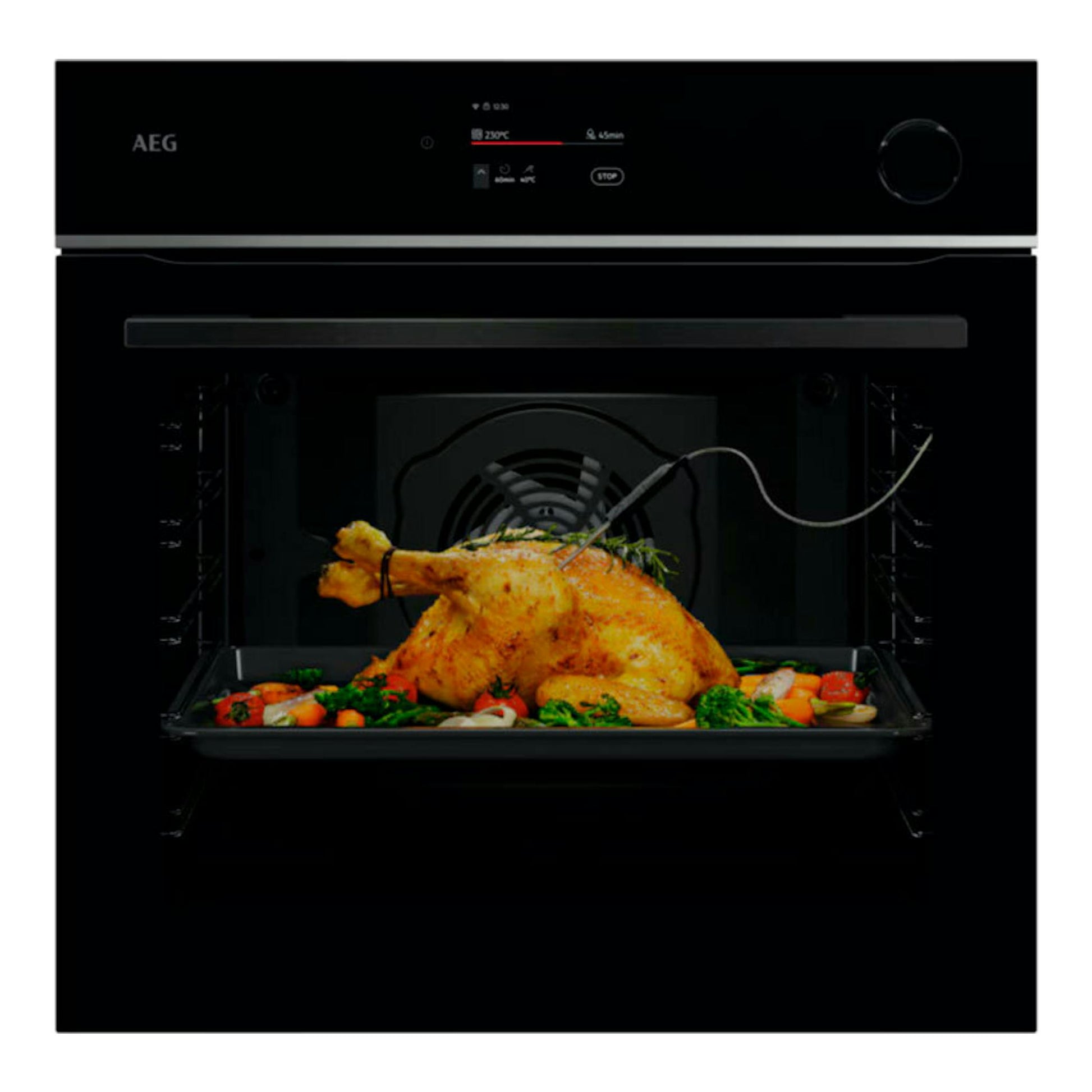 Horno AEG TR7PB73FSB de cristal negro, vista frontal, con pavo asado y sonda térmica en el interior.