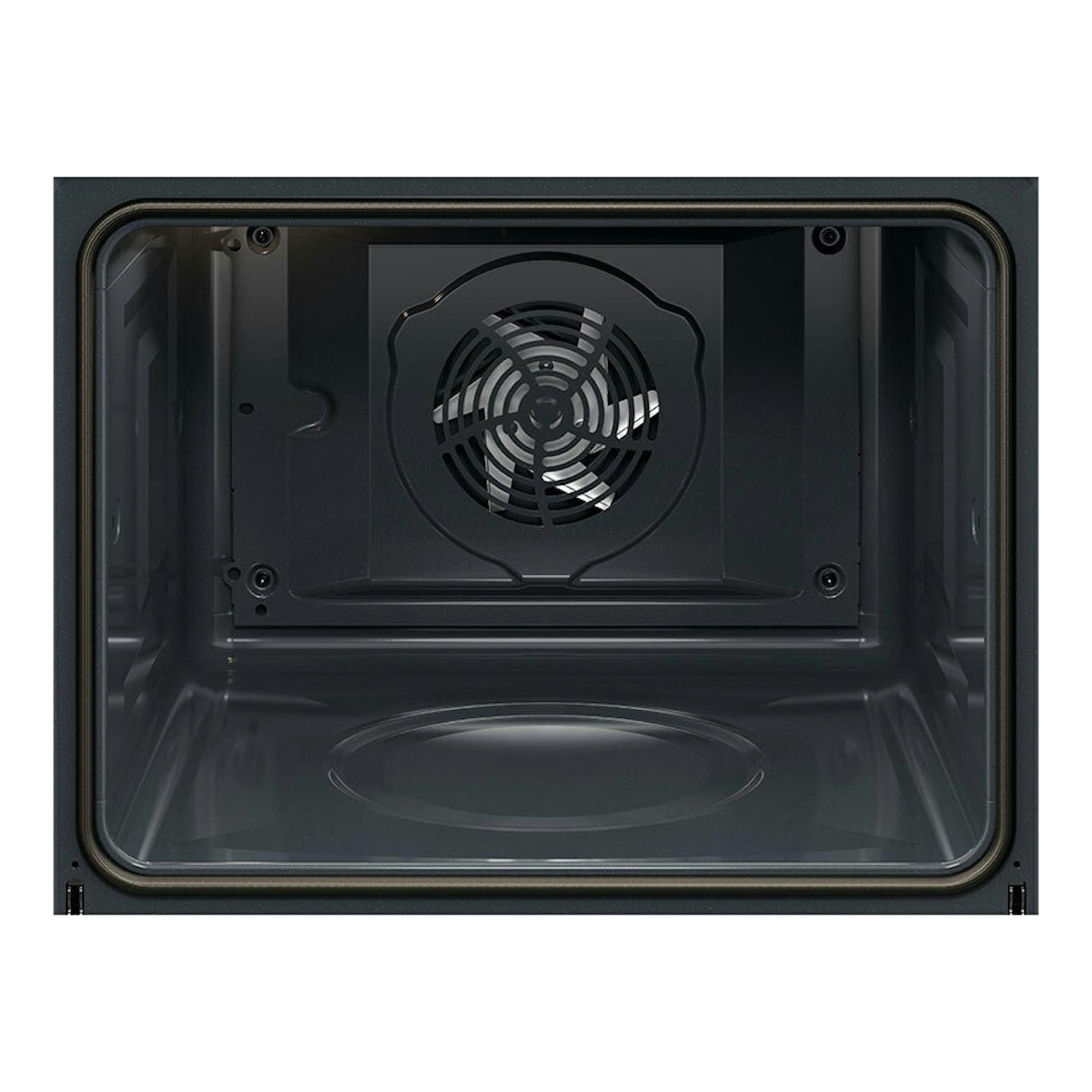 Interior de horno AEG TR7PB73FSB en cristal negro, vista frontal del interior con ventilador trasero.