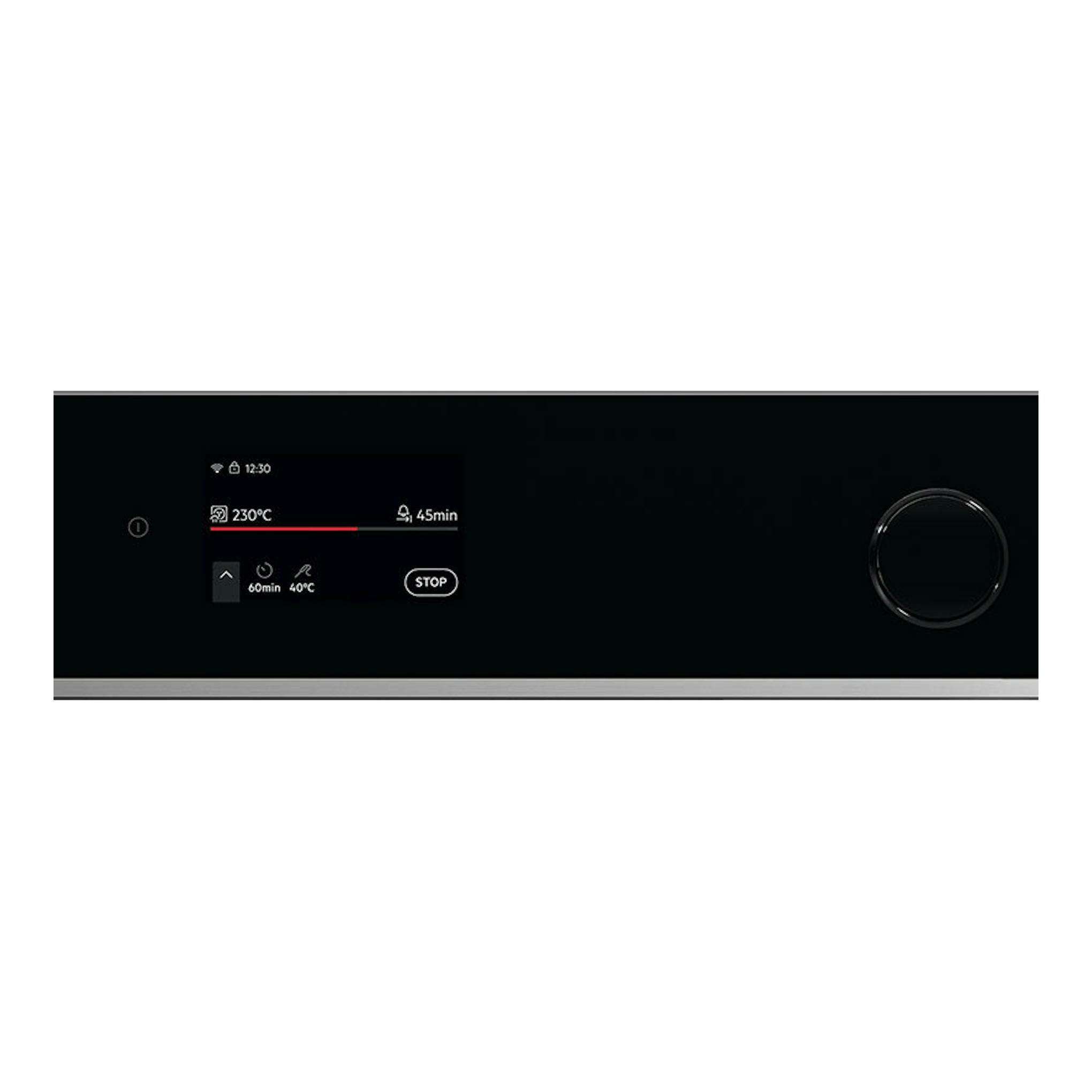 Horno AEG TR7PB73FSB de cristal negro, vista frontal parcial del panel táctil con mando giratorio.