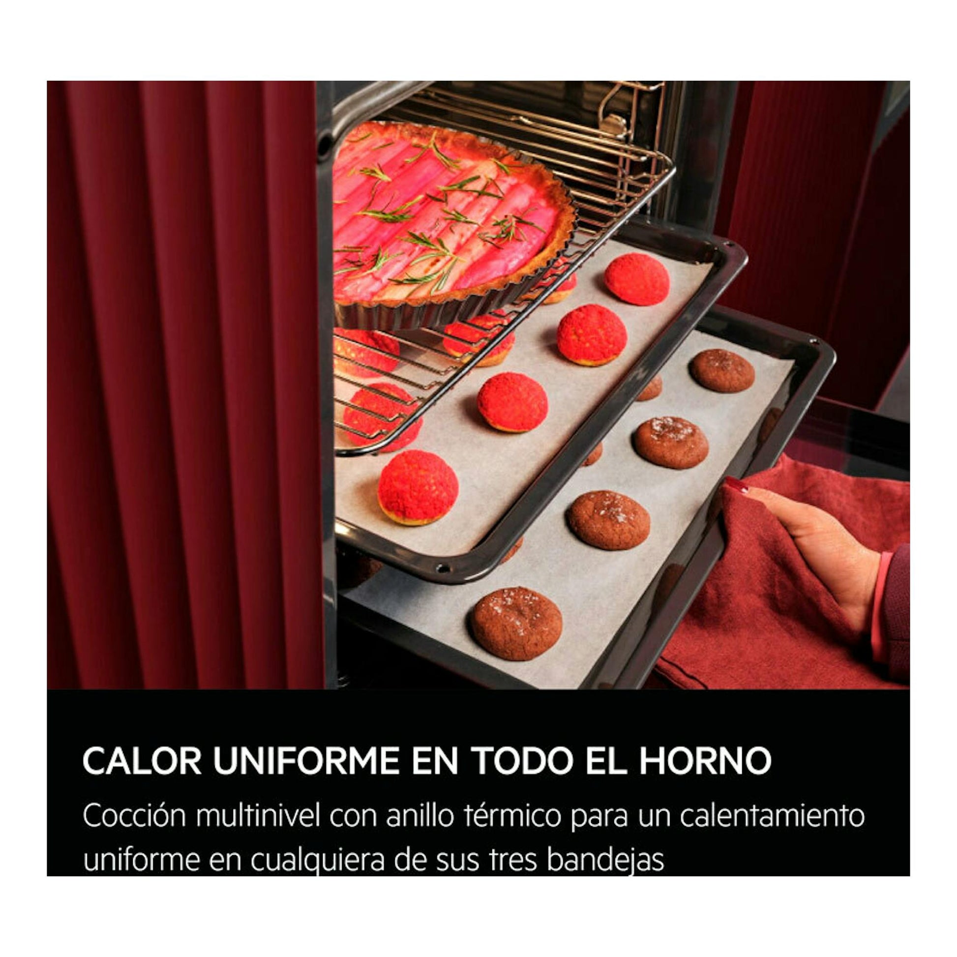 Horno AEG TU5AB20WSK negro con tres bandejas de horneado y galletas, vista interior.