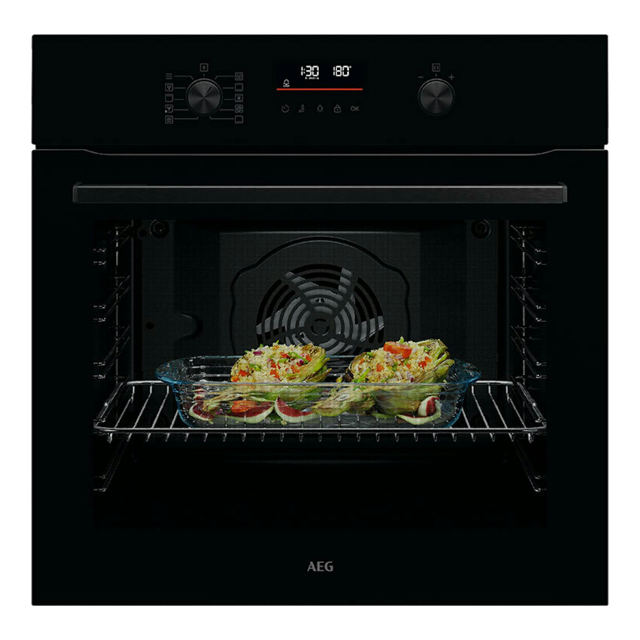 Horno AEG TU5PB41FSK negro, vista frontal, con panel digital y bandeja de comida en el interior.