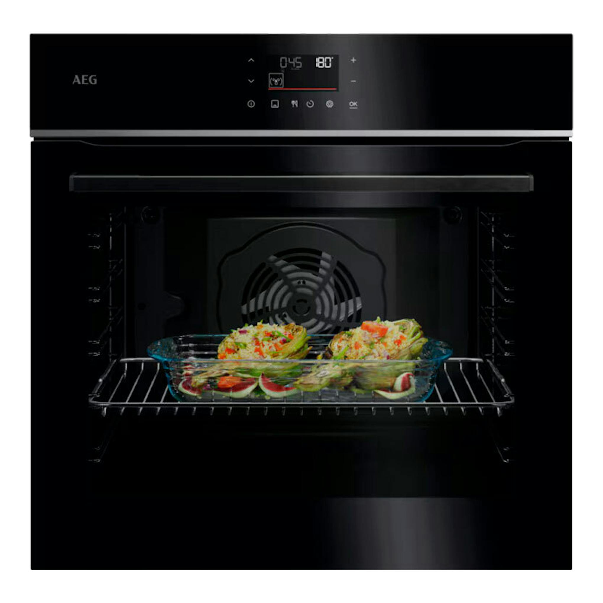 Horno AEG TU5PB41ZPB negro, vista frontal con la puerta abierta y bandeja con verduras gratinadas.