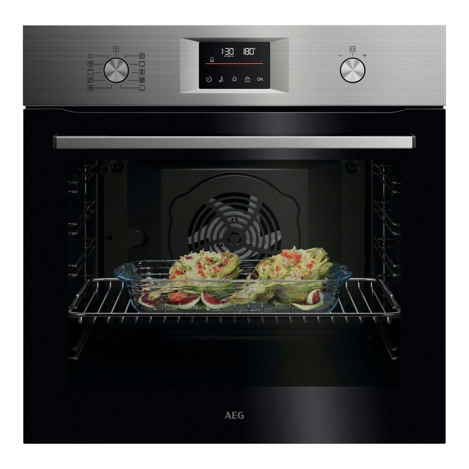 Horno empotrable AEG TU5PB43SM, frontal, acero inoxidable y puerta negra, con pantalla digital y dos mandos.