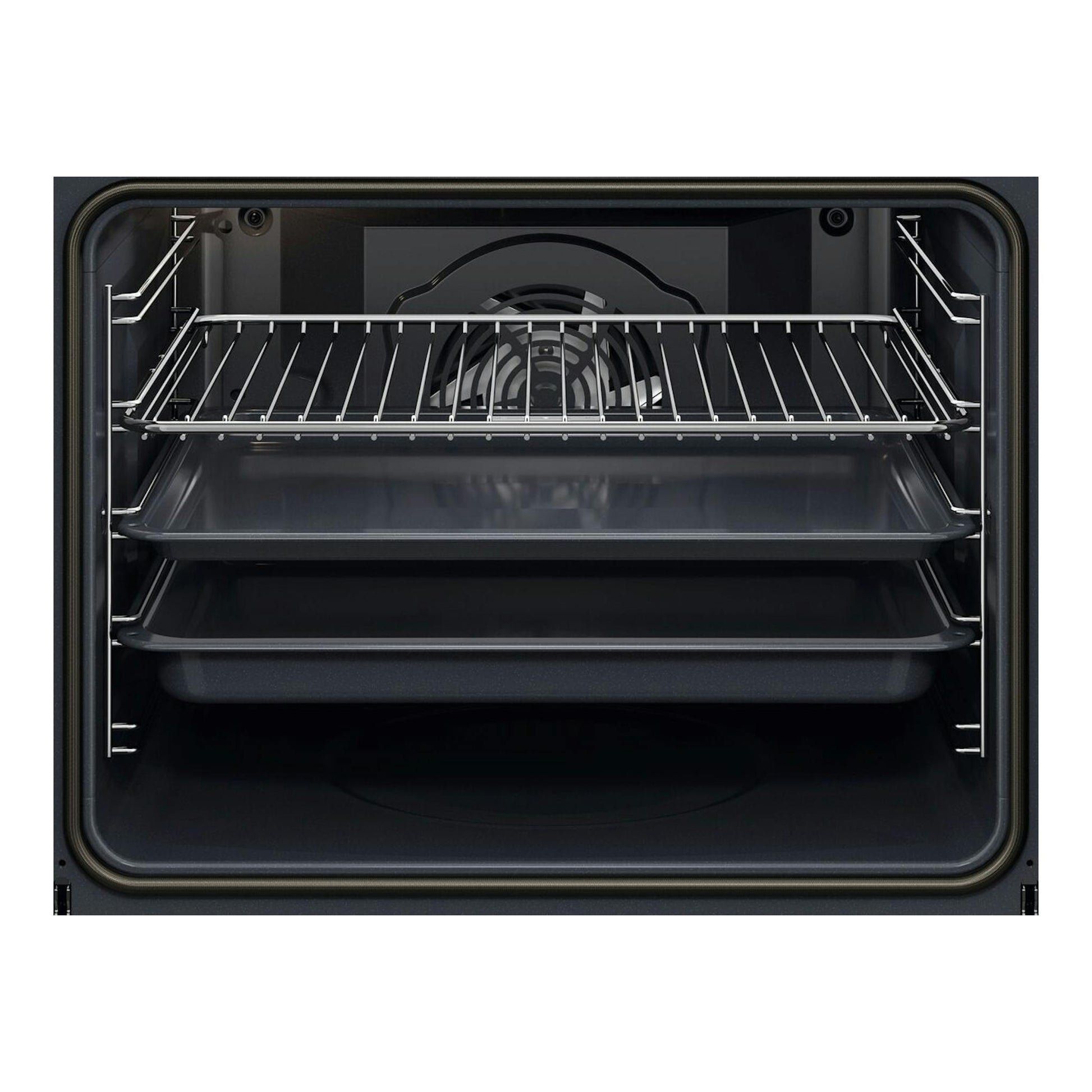 Horno AEG TU5PB43SM negro, vista frontal del interior con dos bandejas, rejilla y ventilador trasero.
