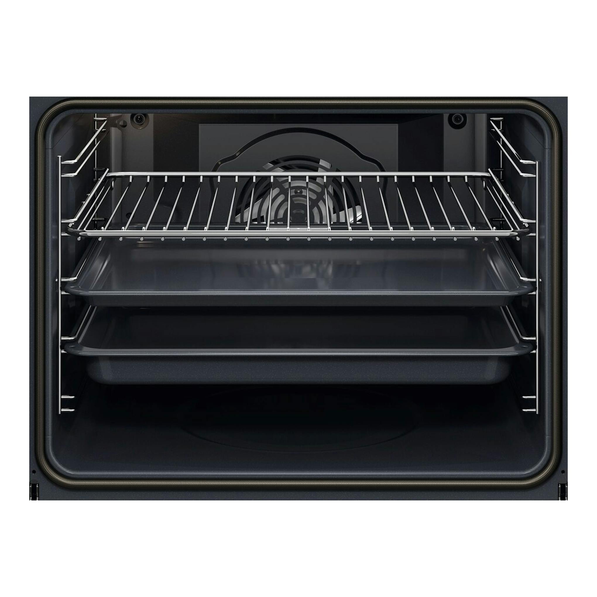 Horno AEG TU5PB43SM negro, vista frontal del interior con dos bandejas, rejilla y ventilador trasero.