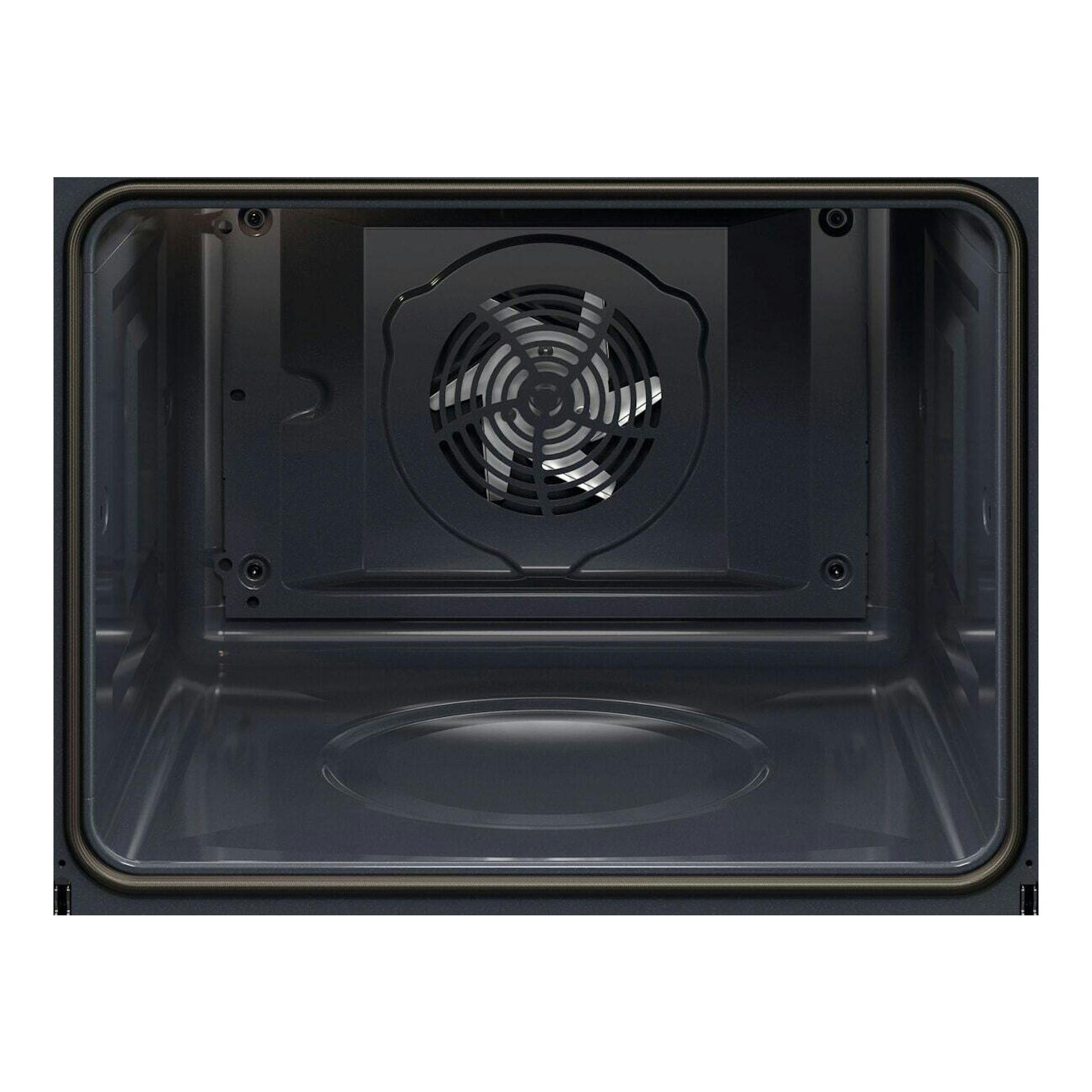 Interior de horno AEG TU5PB43SM en negro, vista frontal con ventilador circular trasero.