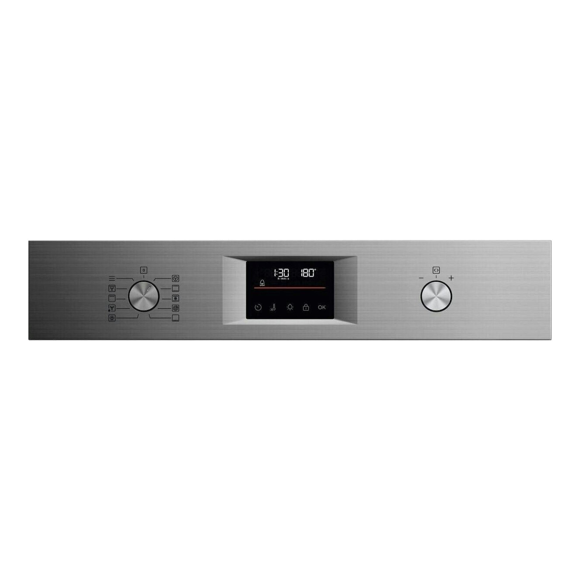 Horno AEG TU5PB43SM de acero inoxidable, vista frontal, con dos mandos y pantalla digital central.