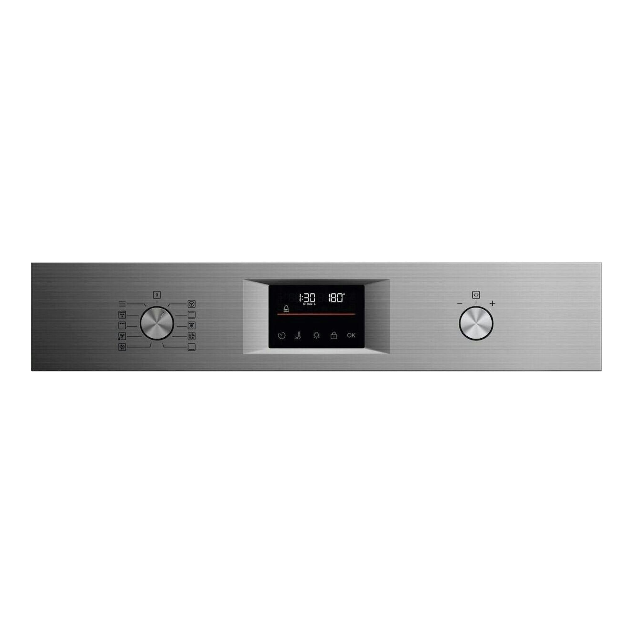 Horno AEG TU5PB43SM de acero inoxidable, vista frontal, con dos mandos y pantalla digital central.