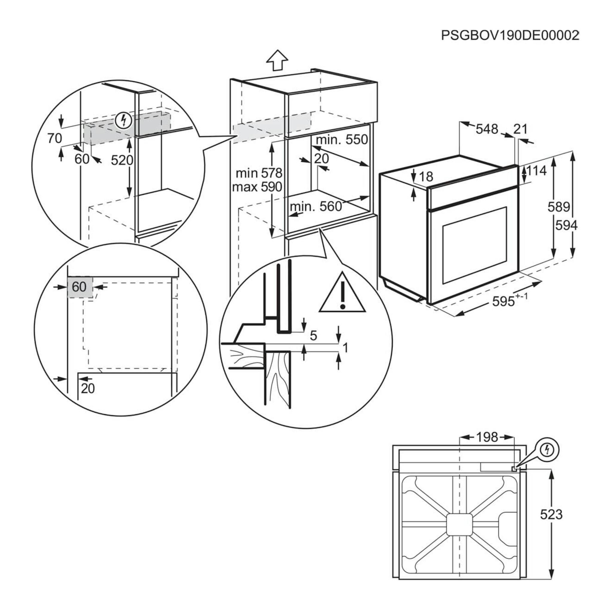 AEG TU5PB43SM: plano técnico de instalación de horno empotrable en blanco y negro con medidas.