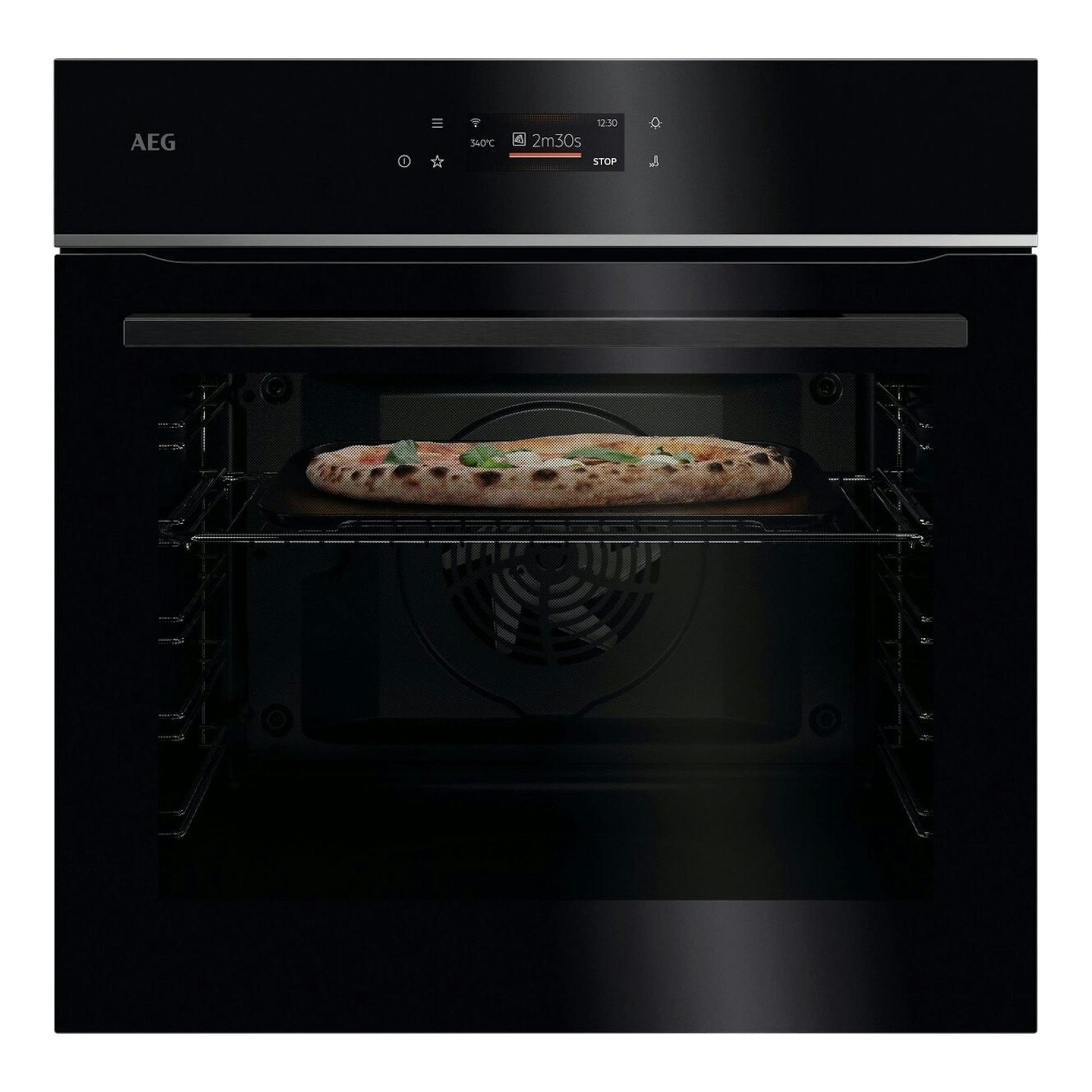 Horno AEG TX7PB631SB negro, vista frontal, con pantalla digital y una pizza en el interior.