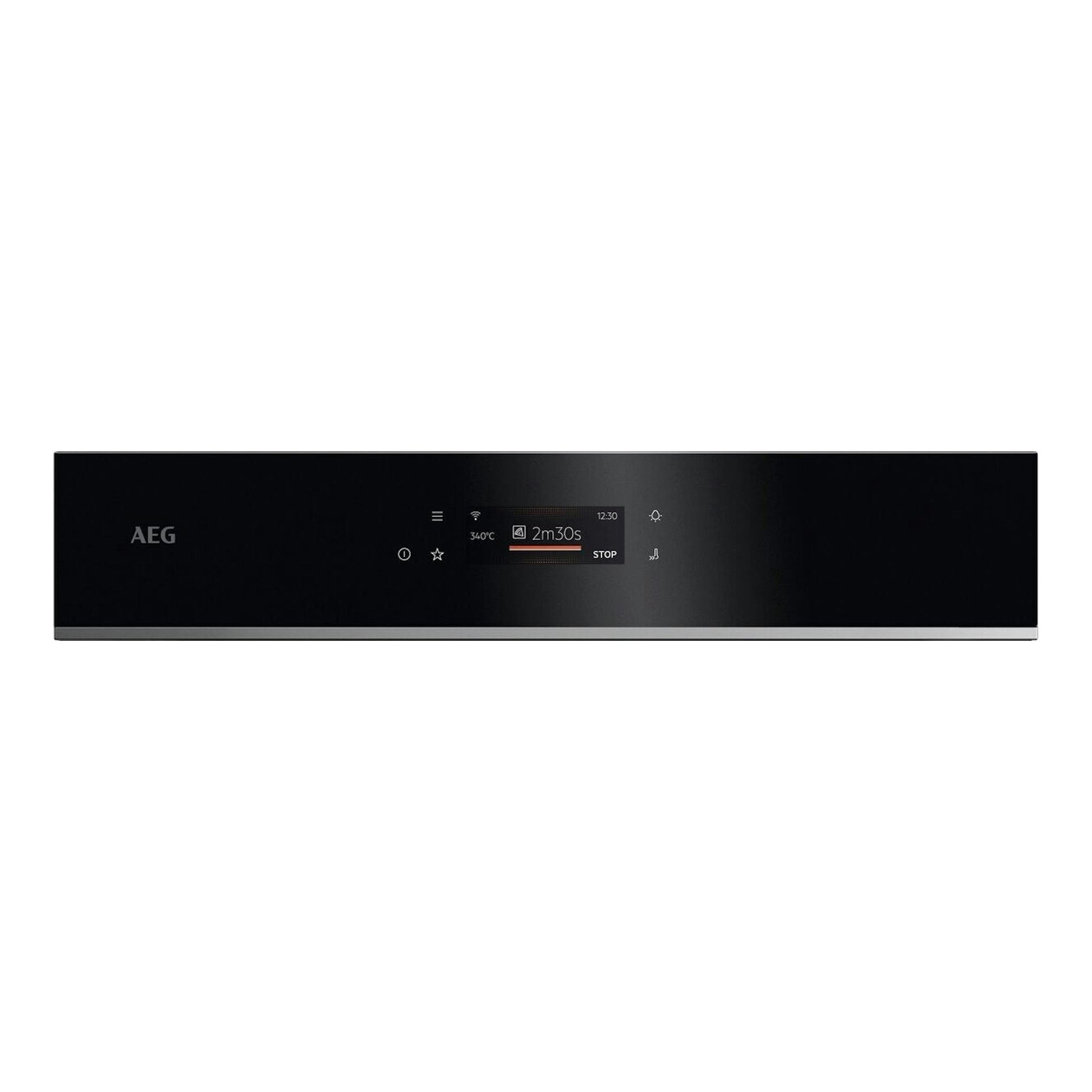 Horno AEG TX7PB631SB negro, vista frontal, con panel táctil y pantalla digital central.