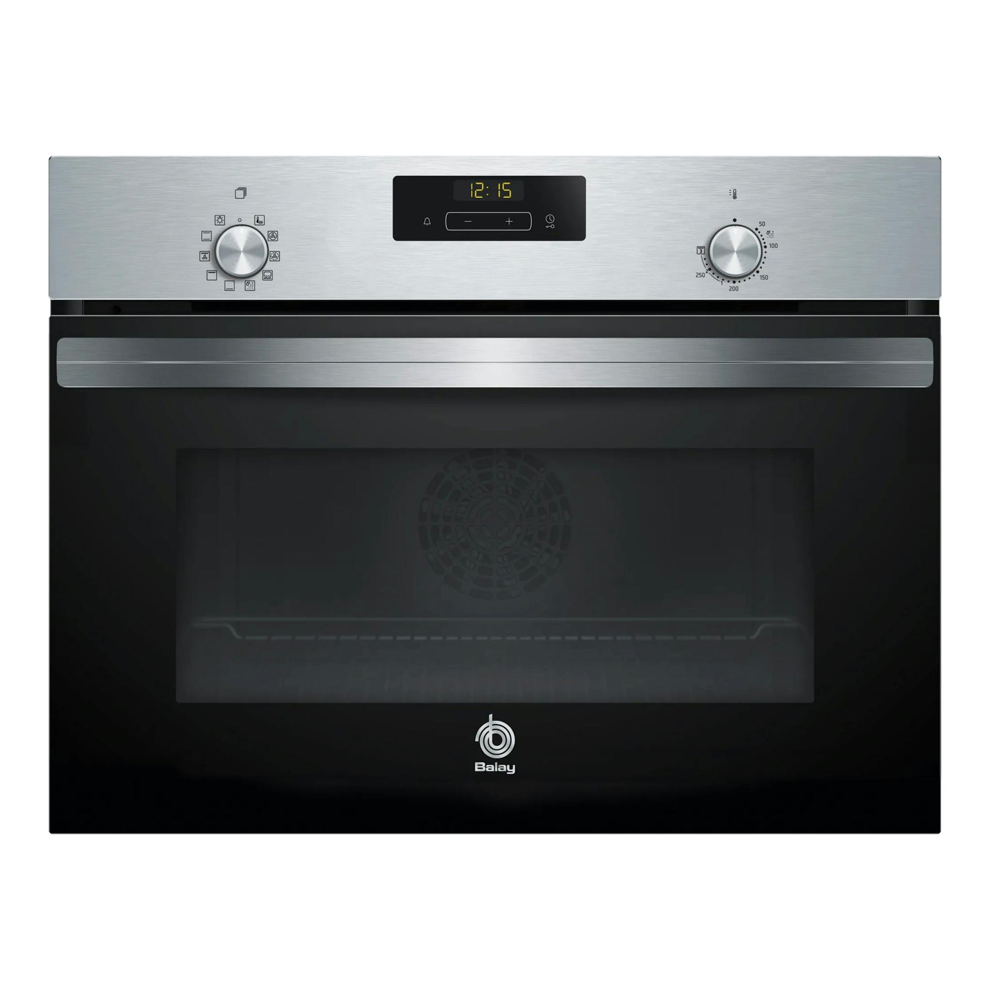 Horno Balay integrable en inox, vista frontal, con panel digital y dos mandos.